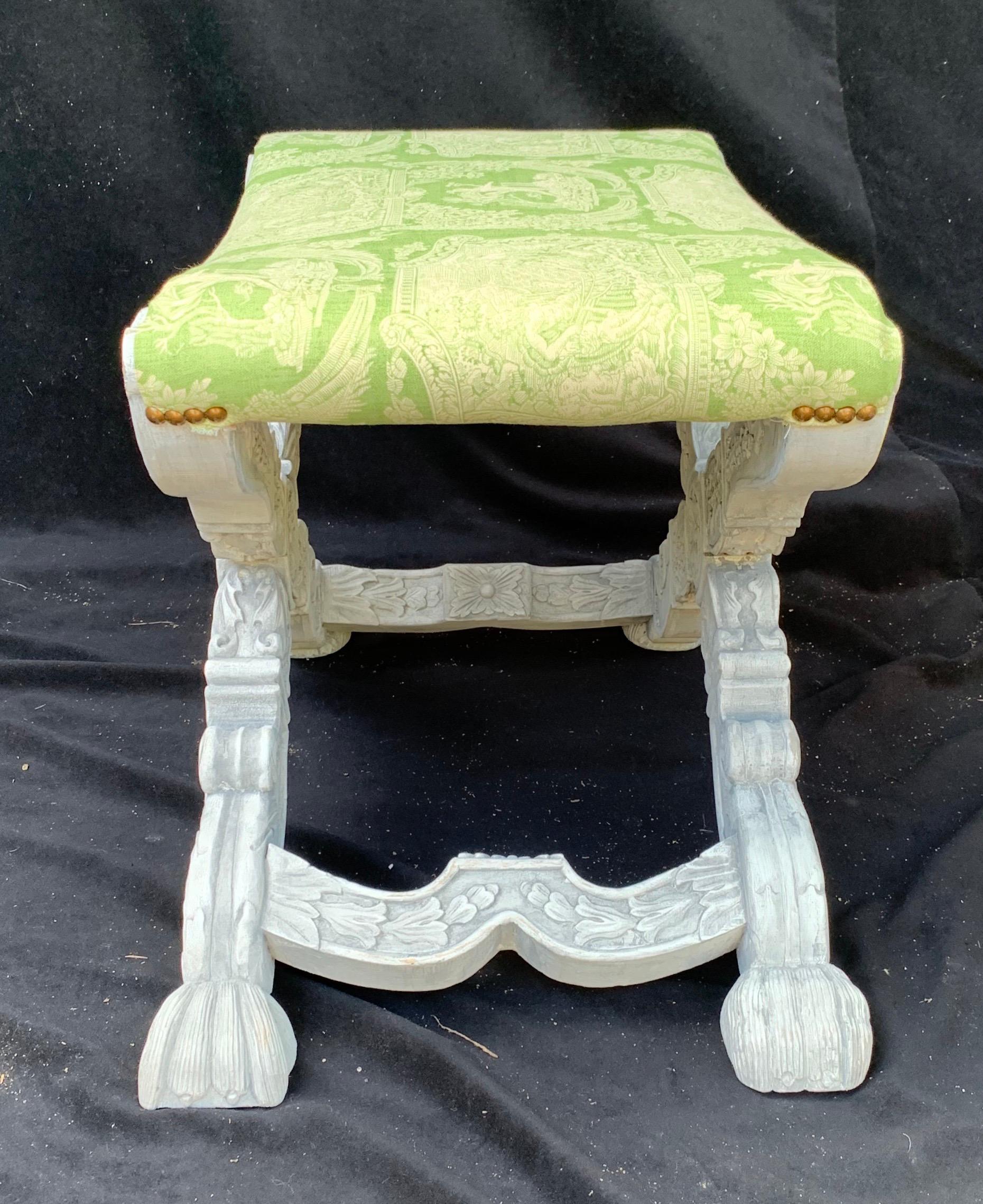 Wonderful Pair Regency Carved White Wash Benches Green Silk Chinoiserie X Form For Sale 3