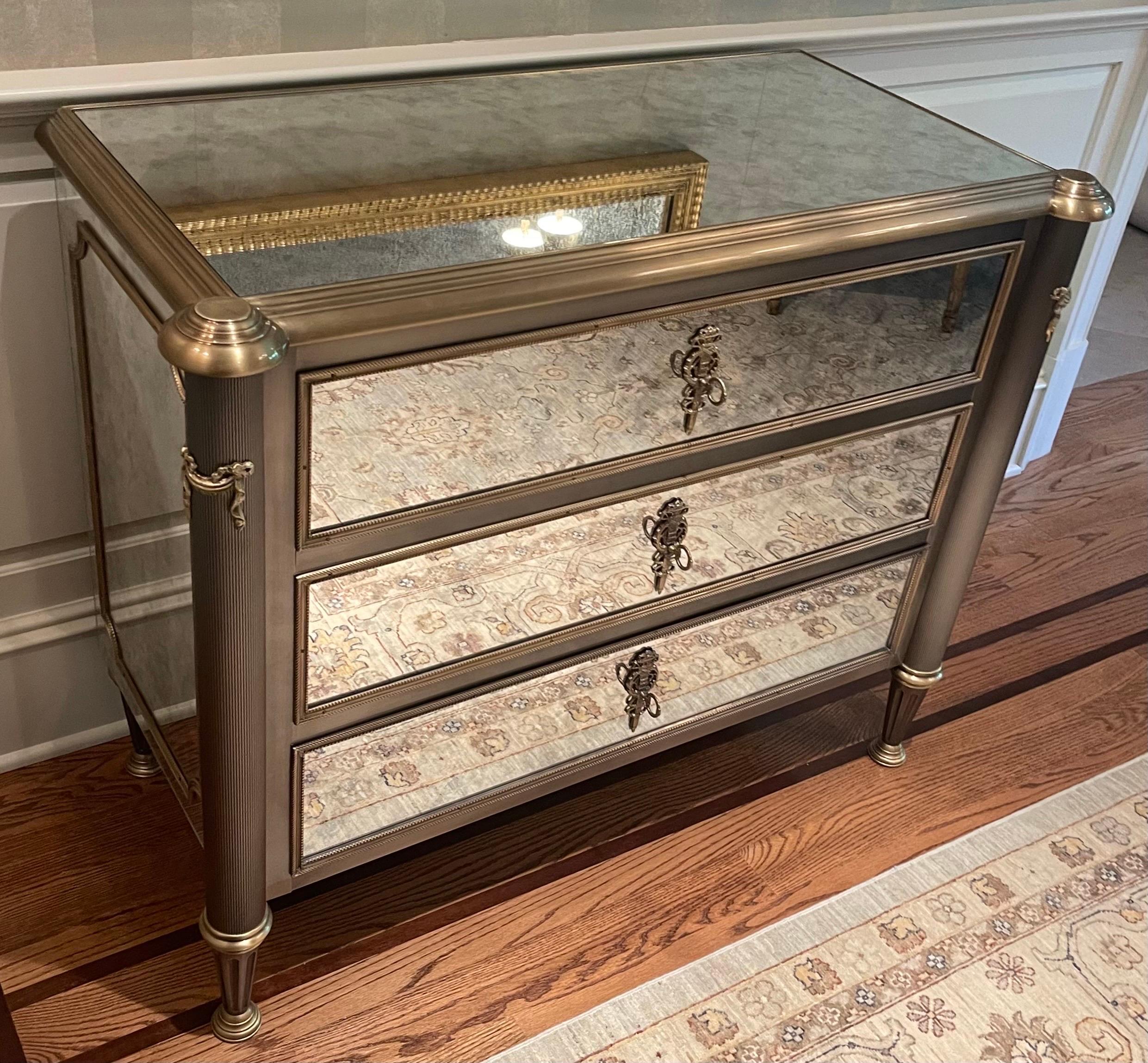 20th Century Wonderful Pair Regency Neoclassical Mirrored Ormolu Bronze Cabinets Chests  For Sale