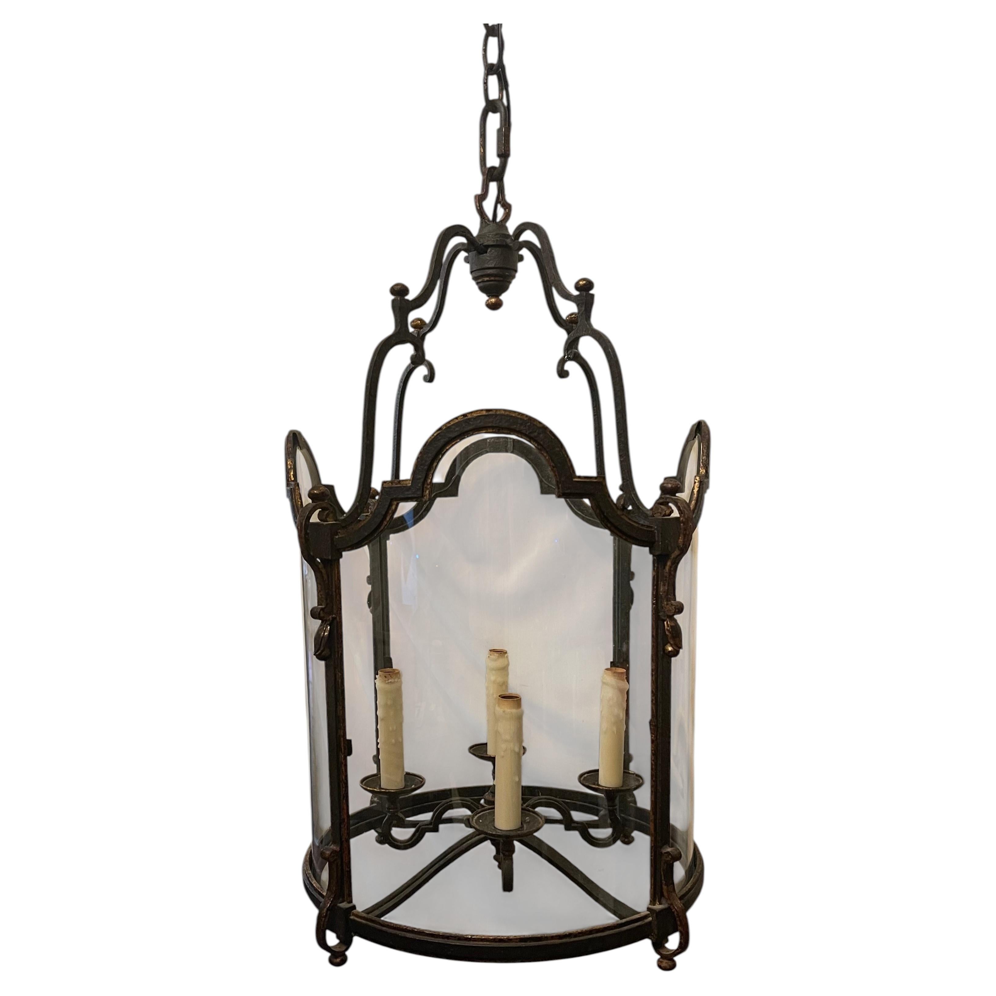 Wonderful Pair Regency Wrought Iron Gold Gilt Large Glass Lanterns Chandeliers For Sale