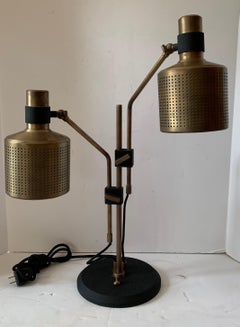 Wonderful Pair of Retro Modern Bert Frank Double Riddle Brass Black Table Lamps