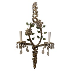 Wonderful Pair Rock Crystal Bagues Beaded Spiral Flower Two Light Gold Sconces