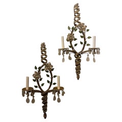 Wonderful Pair Rock Crystal Bagues Beaded Spiral Flower Two Light Gold Sconces