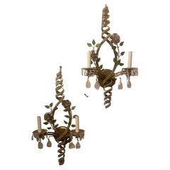 Wonderful Pair Rock Crystal Bagues Beaded Spiral Flower Two Light Gold Sconces