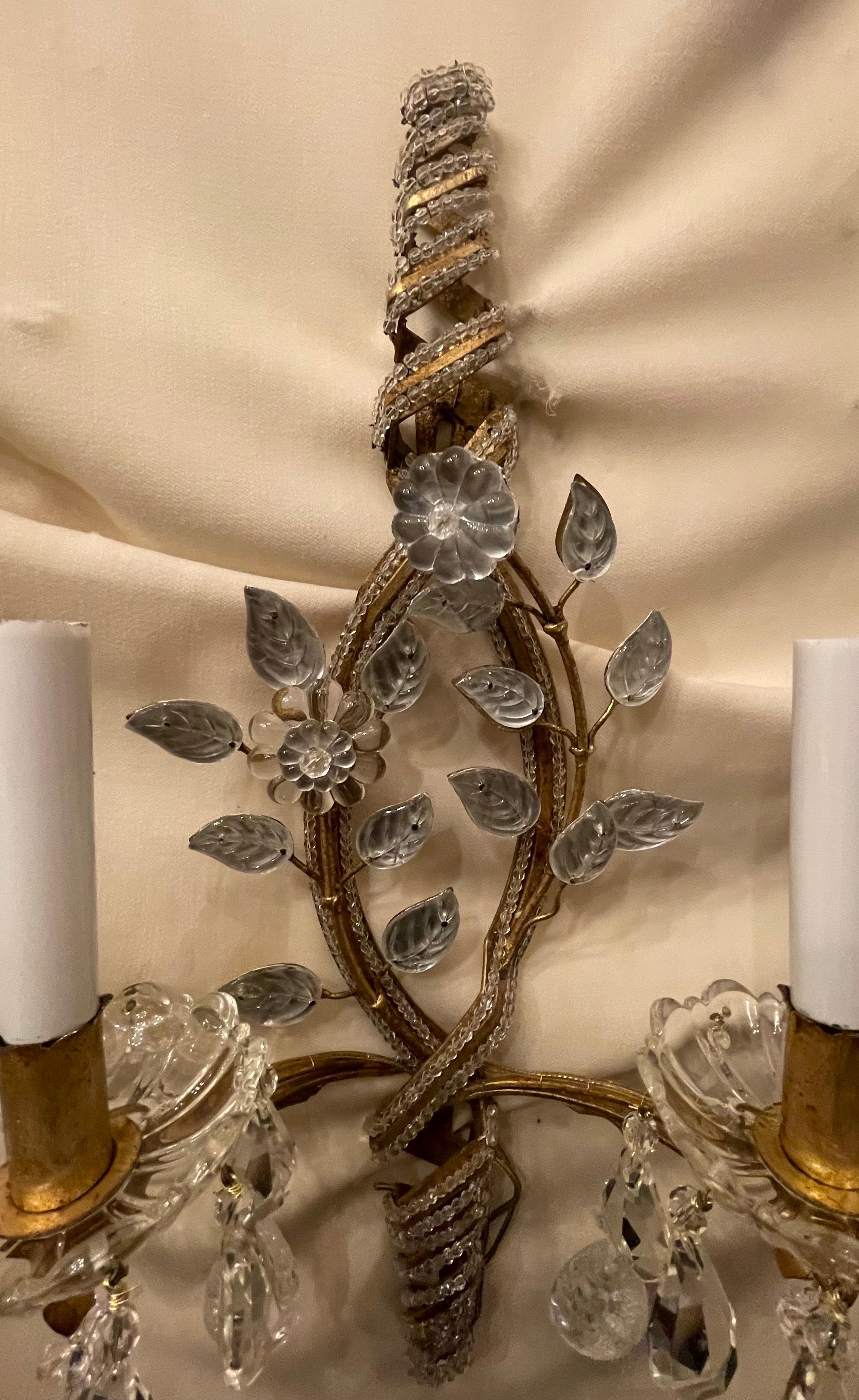 Wunderschnes Paar Bergkristall-Bagues Perlen Spirale Zwei Licht Gold vergoldet Sconces (Moderne der Mitte des Jahrhunderts) im Angebot