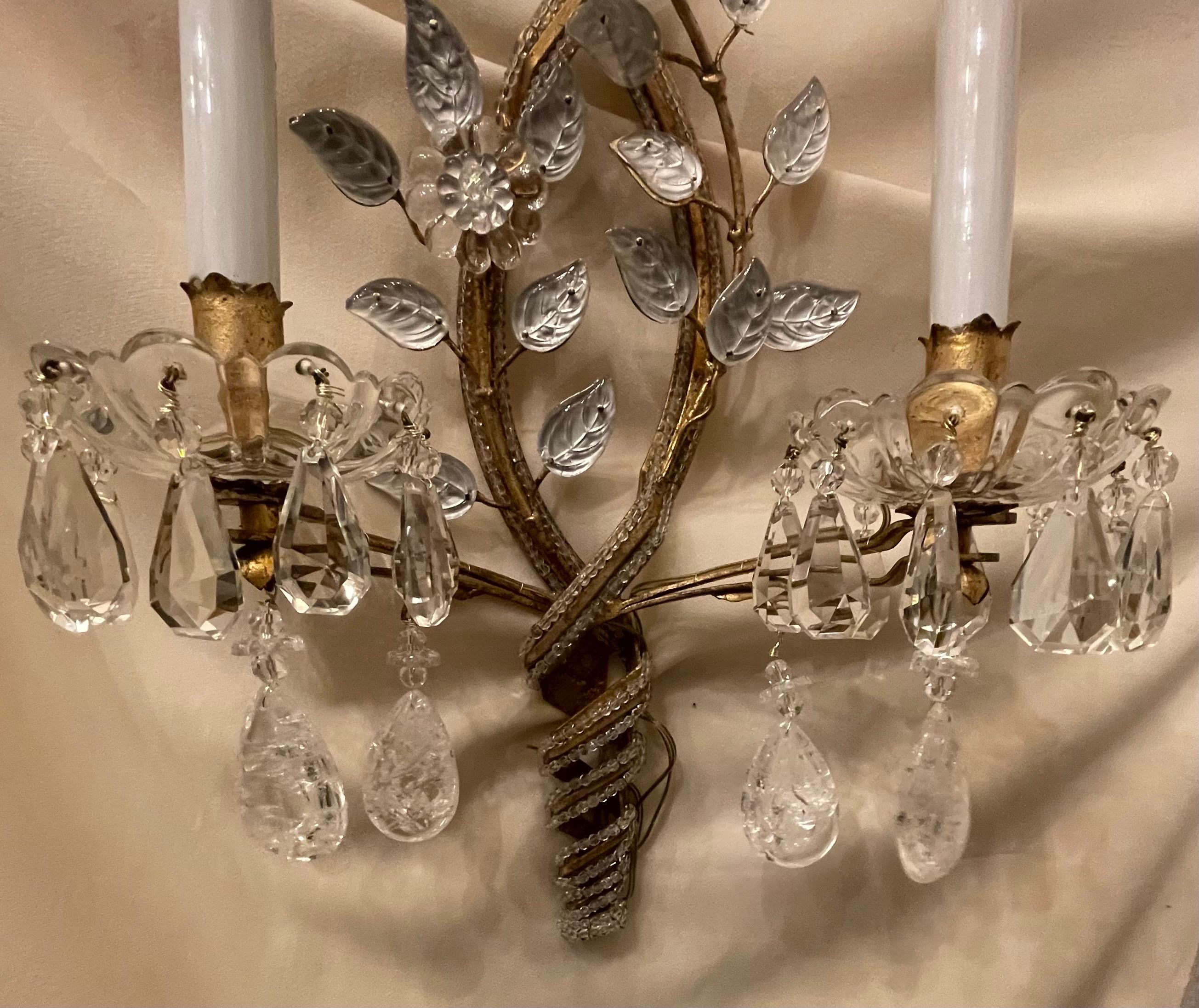 Italian Wonderful Pair Rock Crystal Bagues Beaded Spiral Two Light Gold Gilt Sconces For Sale