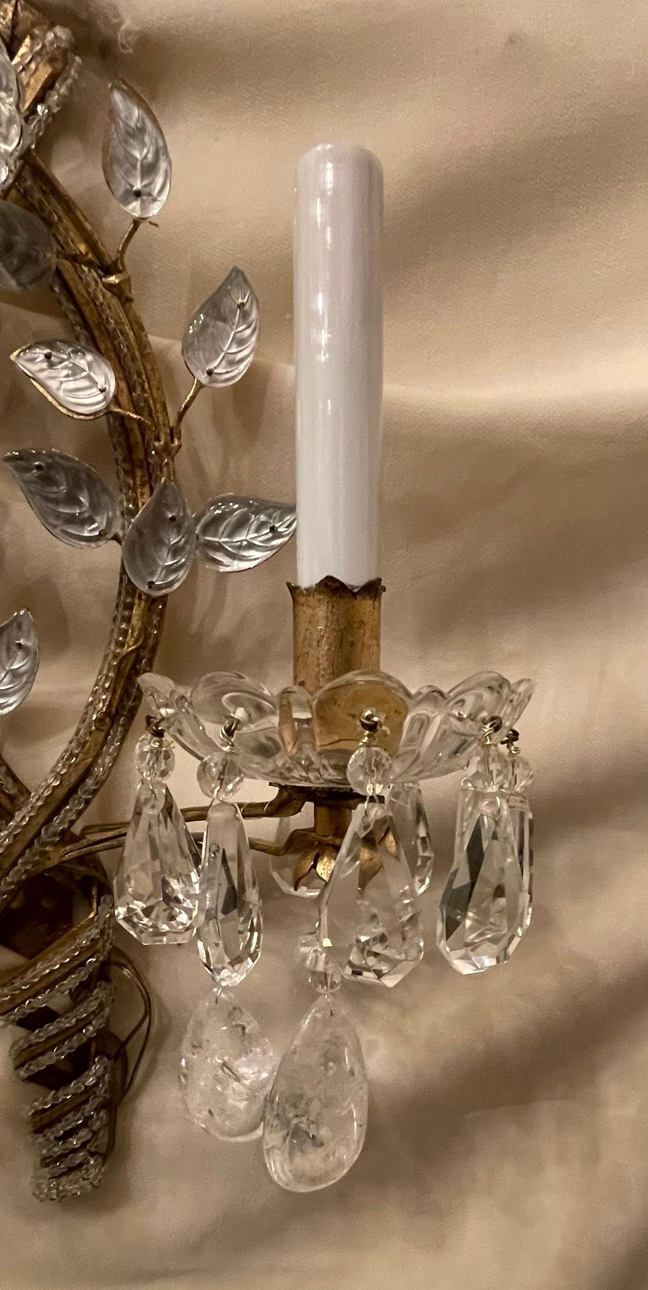 Wonderful Pair Rock Crystal Bagues Beaded Spiral Two Light Gold Gilt Sconces In Good Condition For Sale In Roslyn, NY
