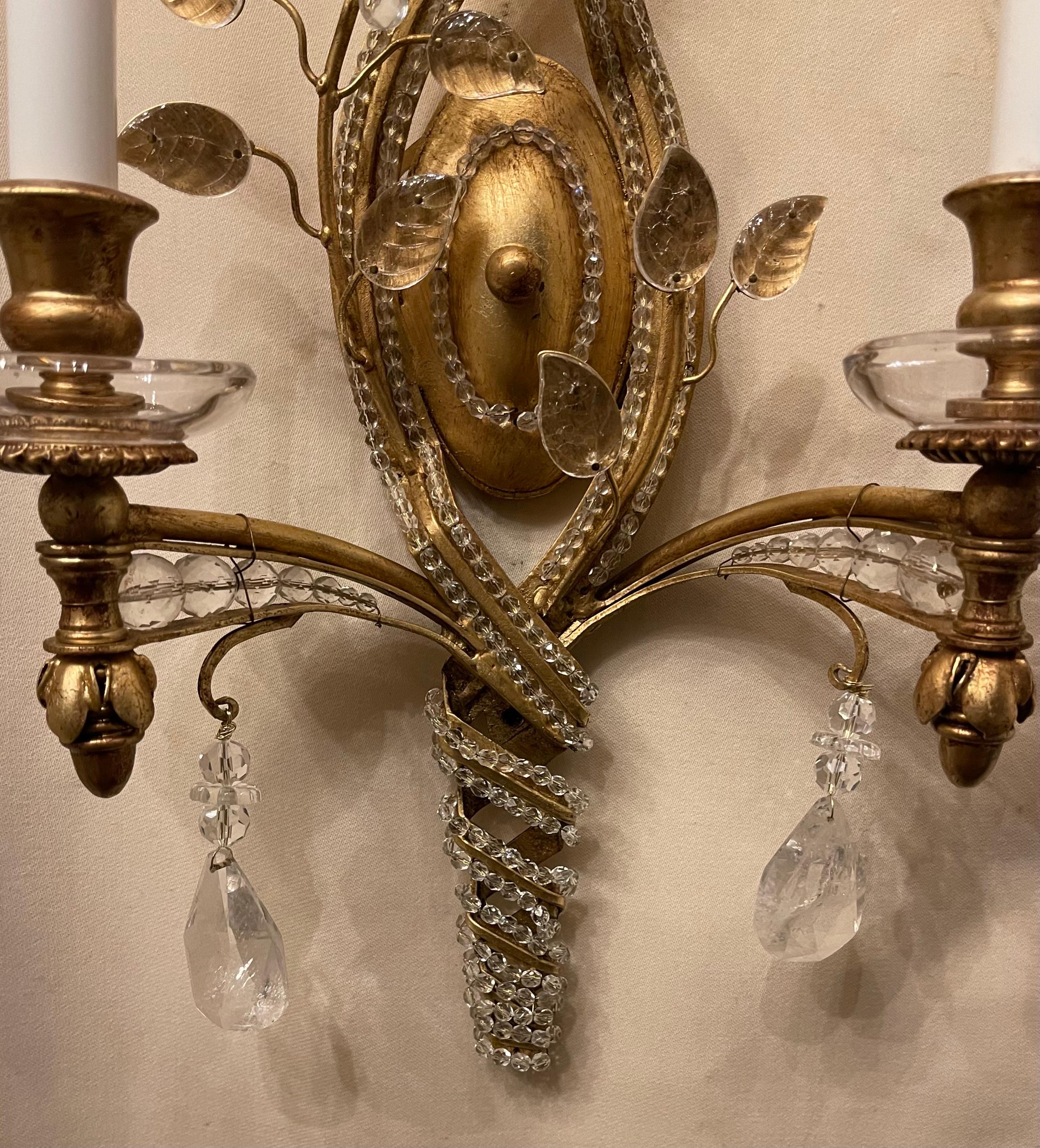 Wonderful Pair Rock Crystal Bagues Beaded Spiral Two Light Gold Gilt Sconces For Sale 1
