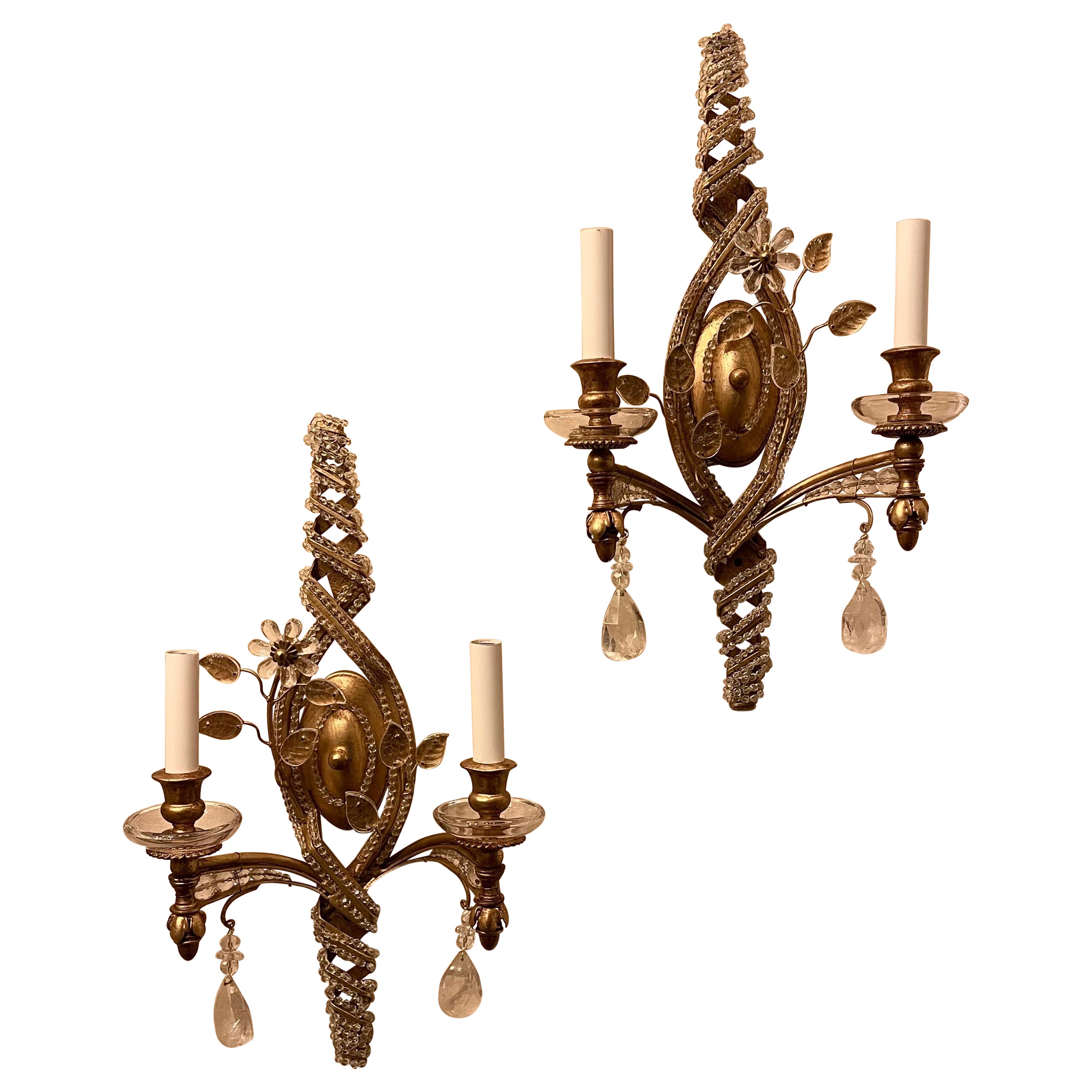 Wonderful Pair Rock Crystal Bagues Beaded Spiral Two Light Gold Gilt Sconces