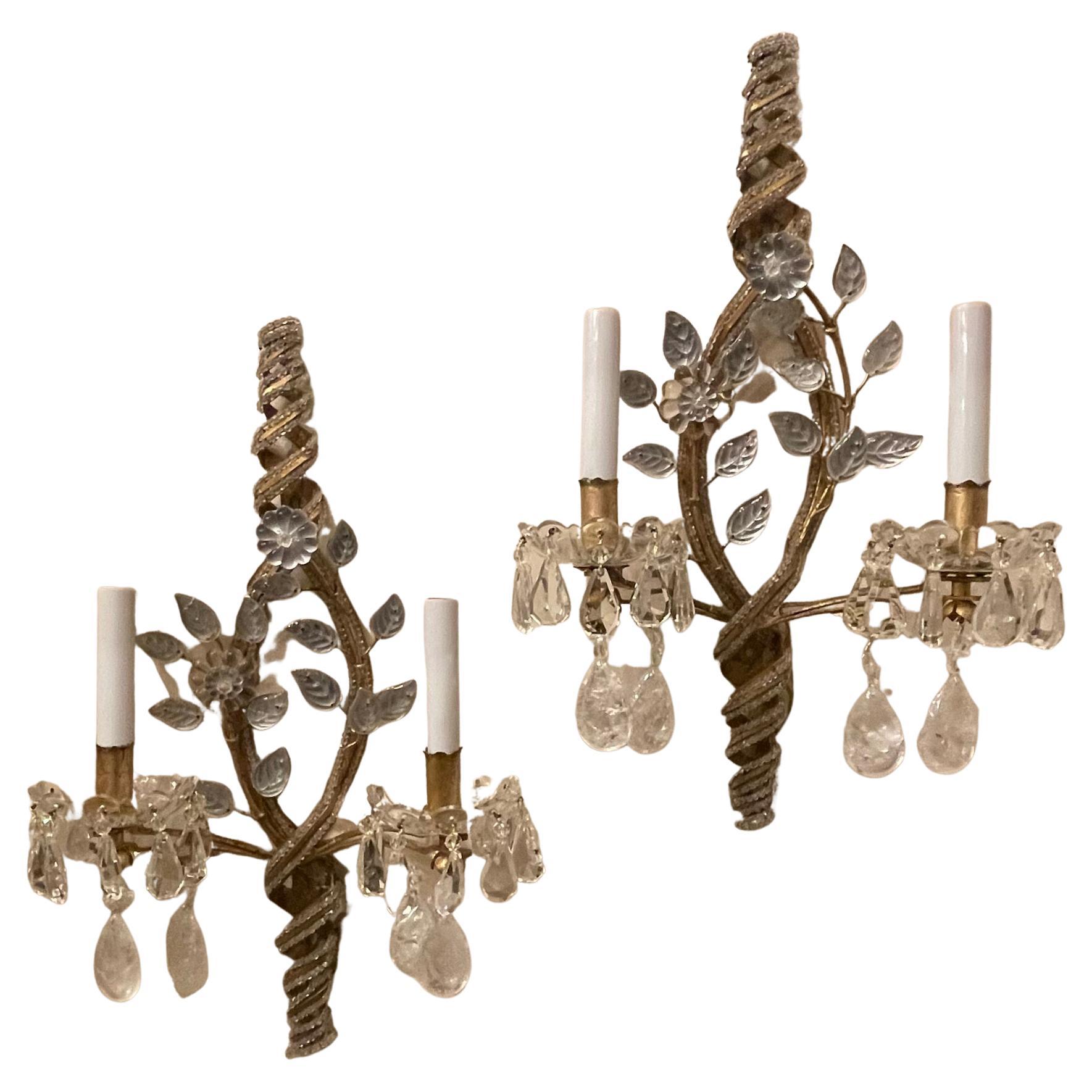 Wonderful Pair Rock Crystal Bagues Beaded Spiral Two Light Gold Gilt Sconces For Sale
