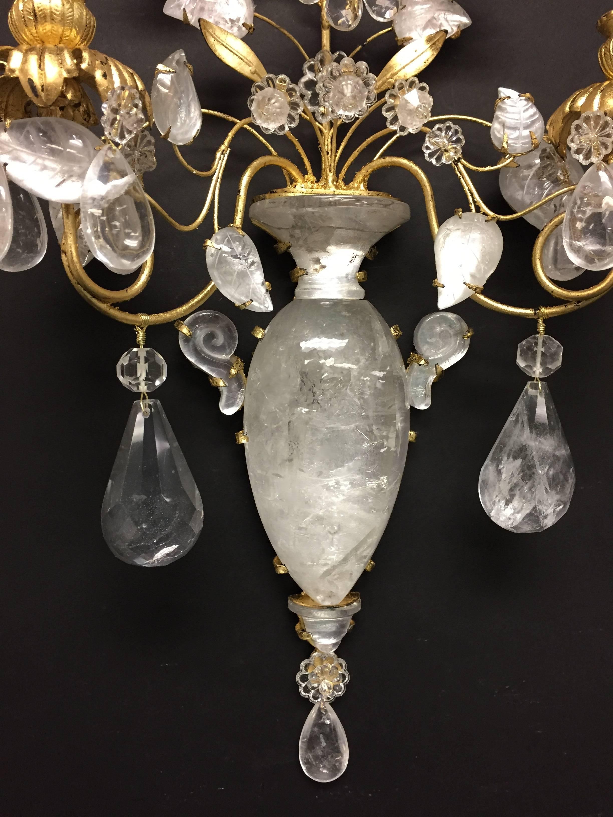 French Wonderful Pair of Rock Crystal Baguès Two-Arm Mid-Century Modern Jansen Sconces