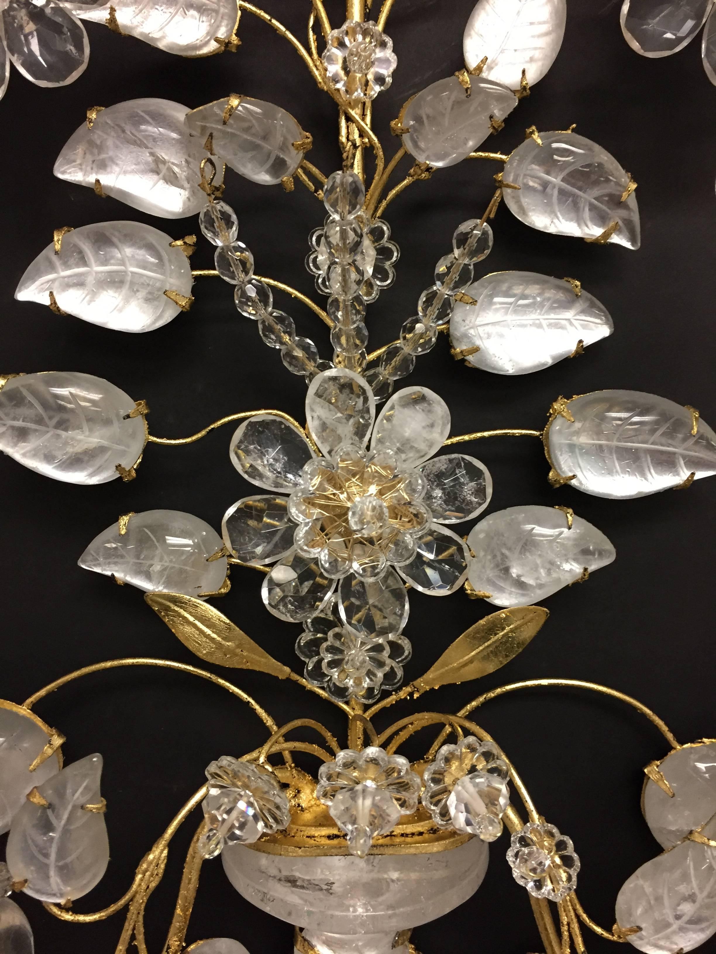 Gilt Wonderful Pair of Rock Crystal Baguès Two-Arm Mid-Century Modern Jansen Sconces