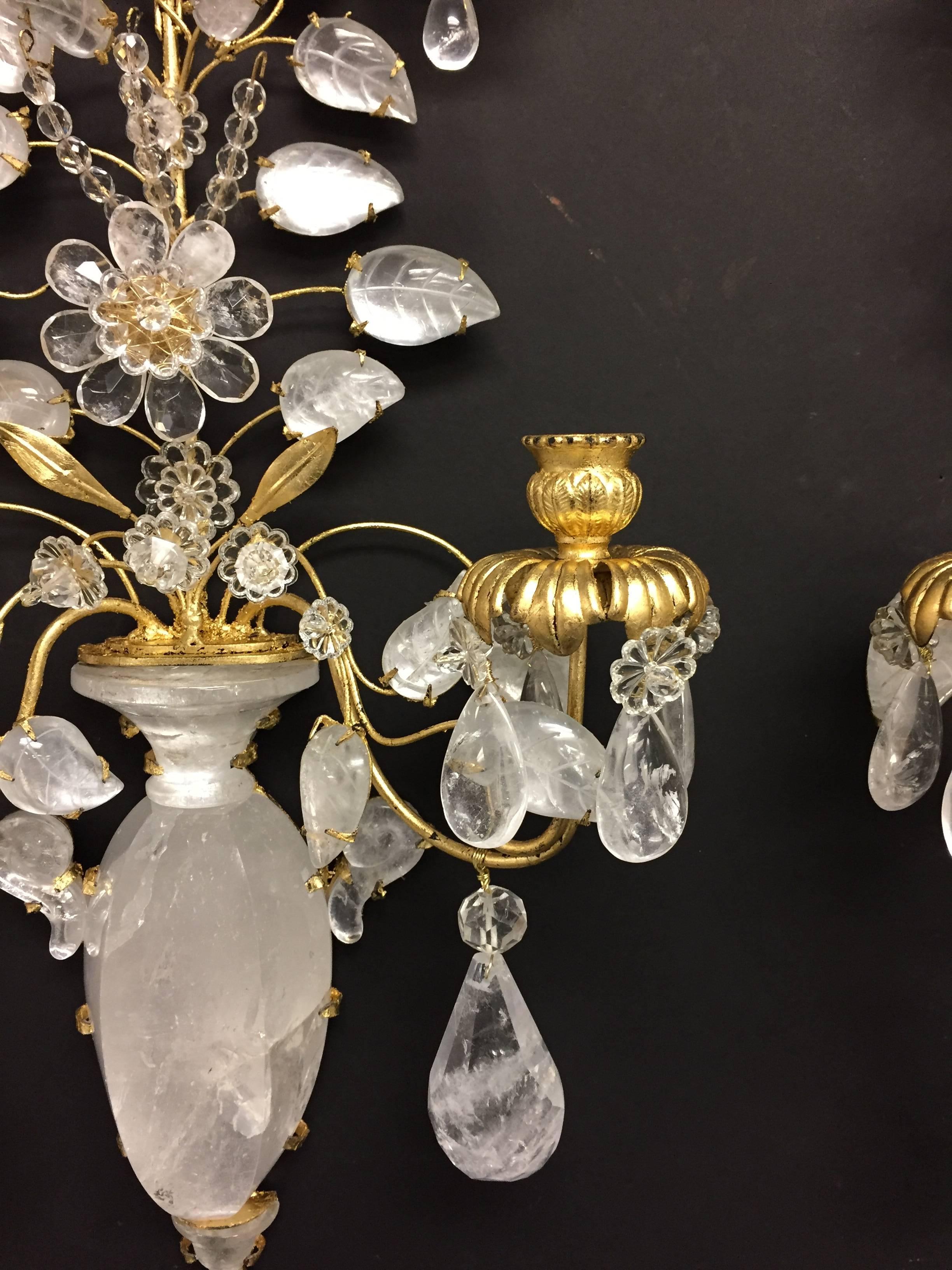 Wonderful Pair of Rock Crystal Baguès Two-Arm Mid-Century Modern Jansen Sconces In Good Condition In Roslyn, NY