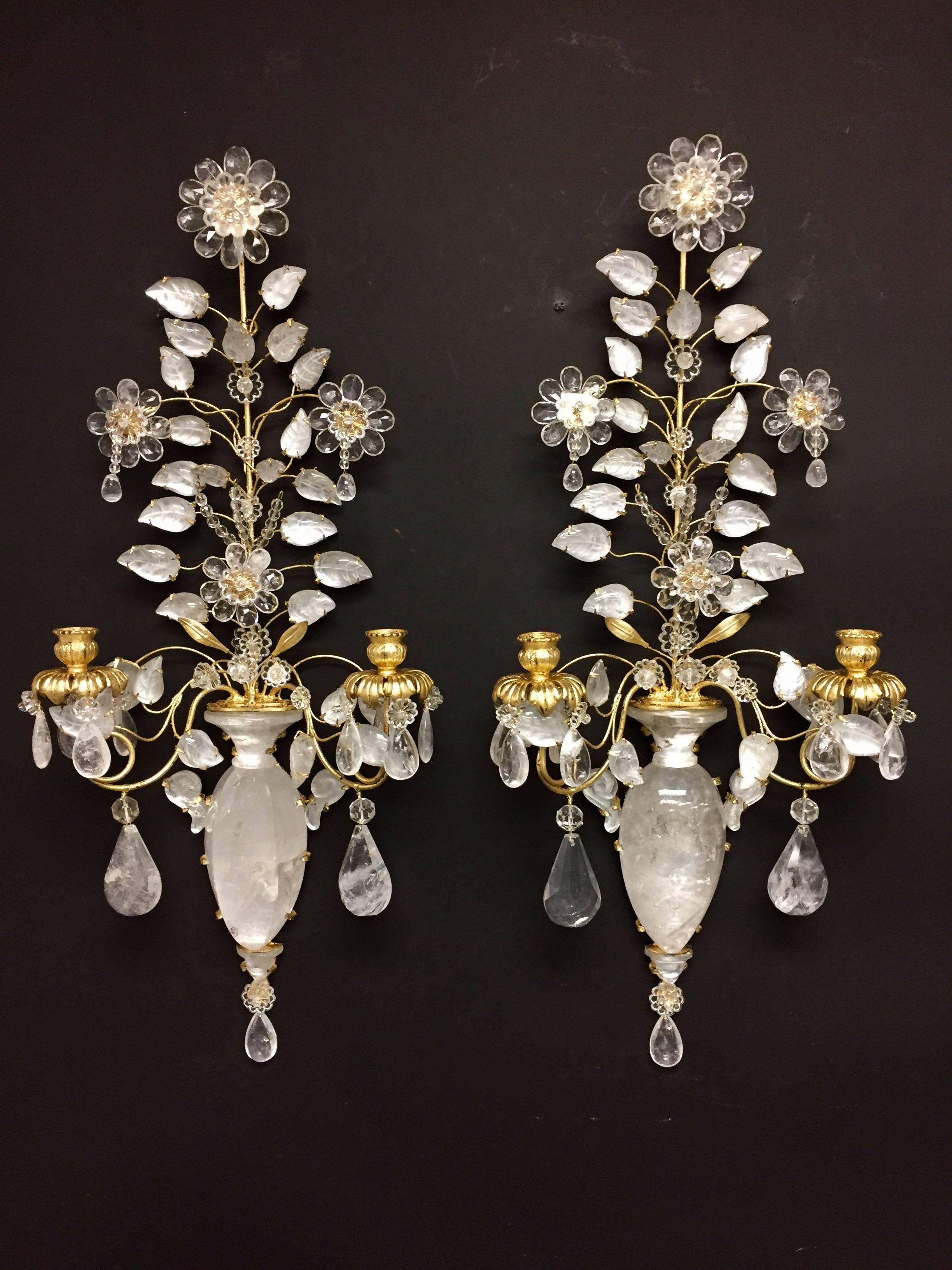 20th Century Wonderful Pair of Rock Crystal Baguès Two-Arm Mid-Century Modern Jansen Sconces