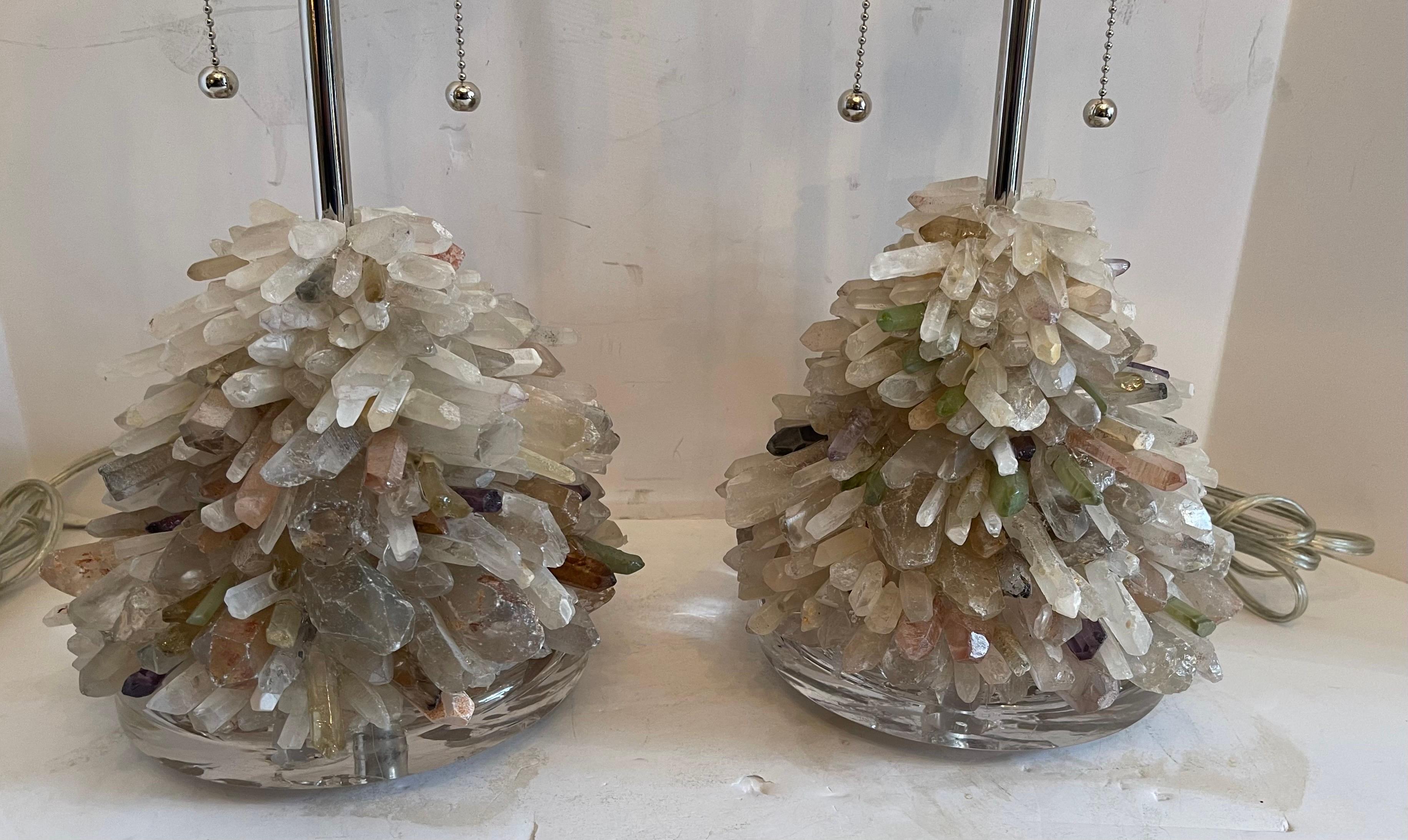 A wonderful pair of rock crystal candy Brazilian multi color quartz on lucite base table lamps, rewired.