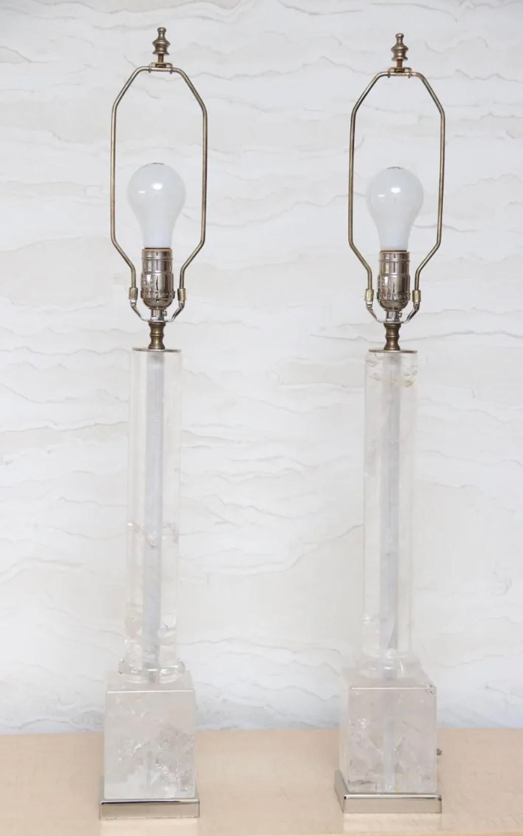 Italian Wonderful Pair Rock Crystal Column Modern Maison Baguès Polished Nickel Lamps For Sale