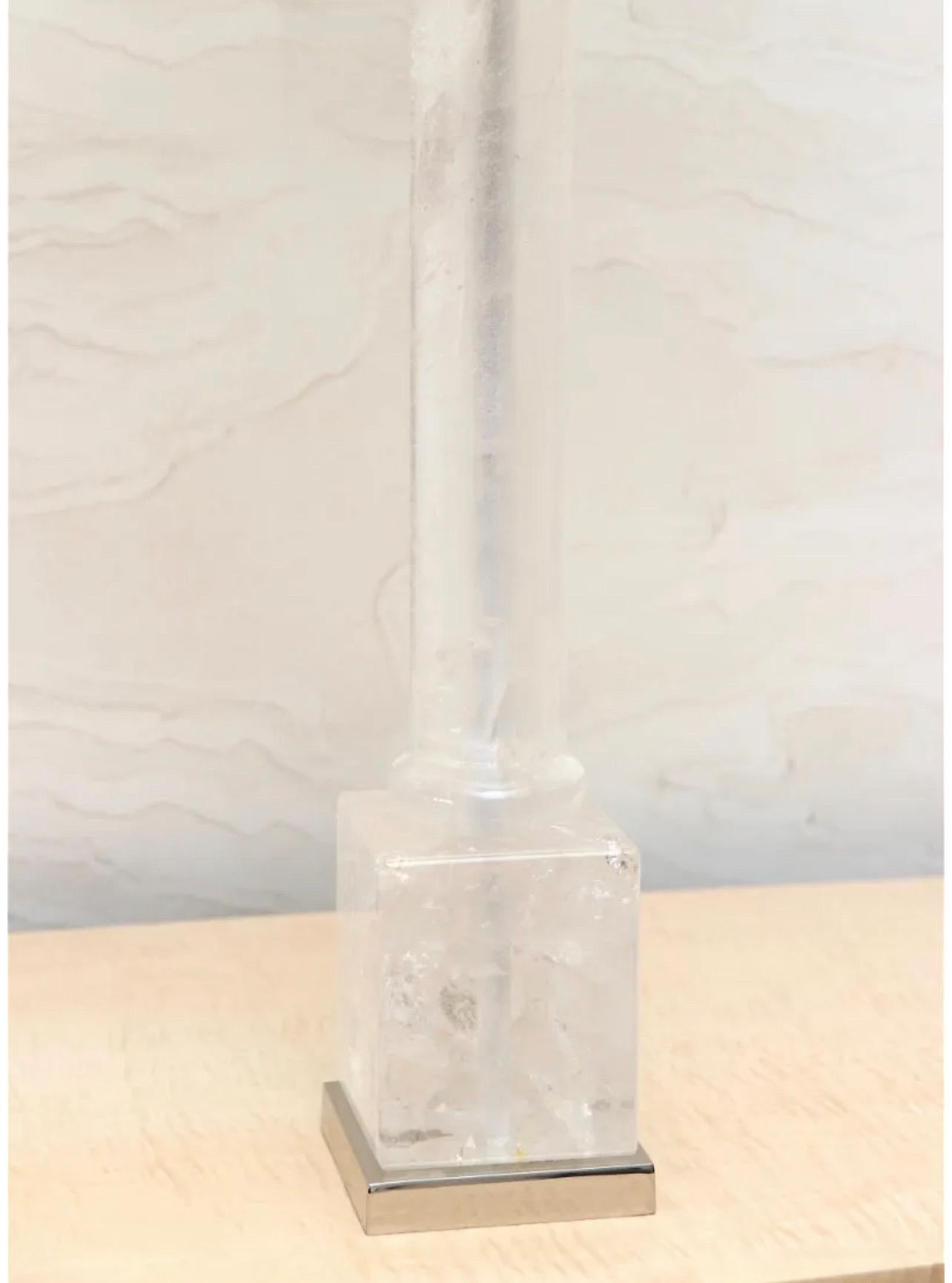 Wonderful Pair Rock Crystal Column Modern Maison Baguès Polished Nickel Lamps In Good Condition For Sale In Roslyn, NY