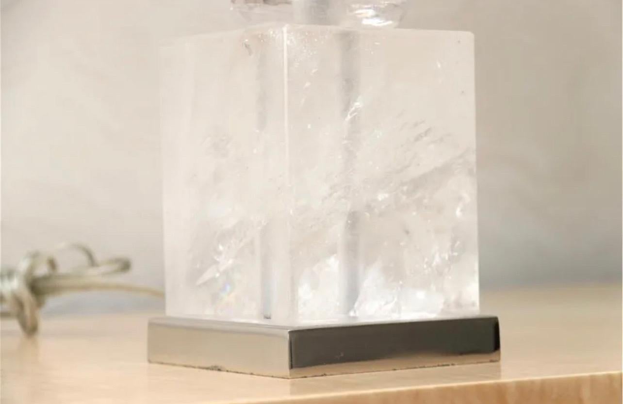 Wonderful Pair Rock Crystal Column Modern Maison Baguès Polished Nickel Lamps For Sale 1