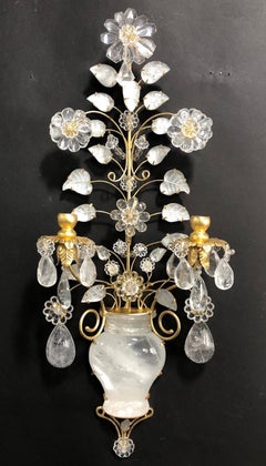 Wonderful Pair Rock Crystal Flower Leaf Bouquet Urn Gold Gilt Bagues Sconces