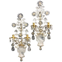 Wonderful Pair Rock Crystal Flower Leaf Bouquet Urn Gold Gilt Bagues Sconces