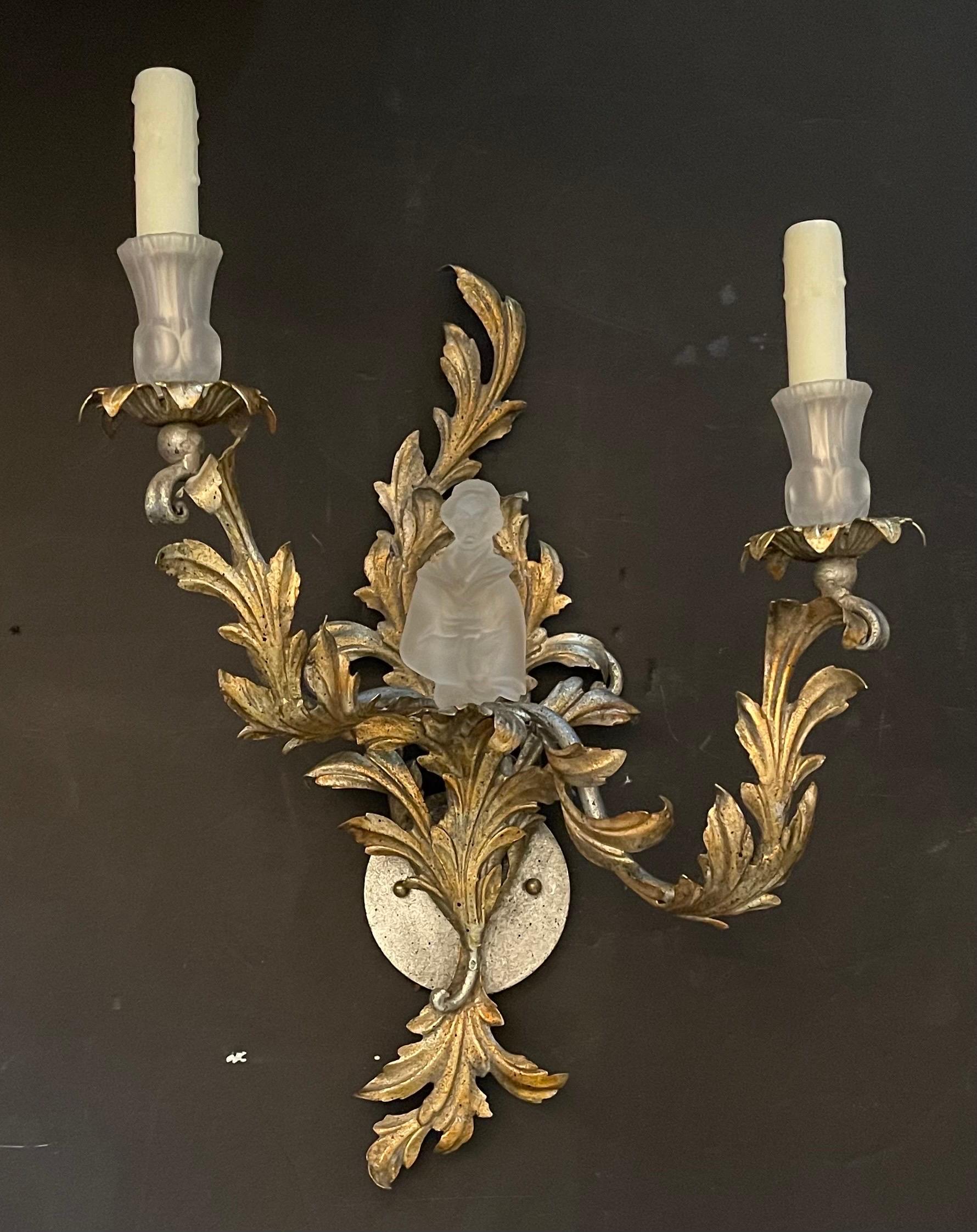 A wonderful pair of Sherle Wagner / Maison Bagues style chinoiserie crystal figurine two tones silver & gold gilt two candelabra light sconces.