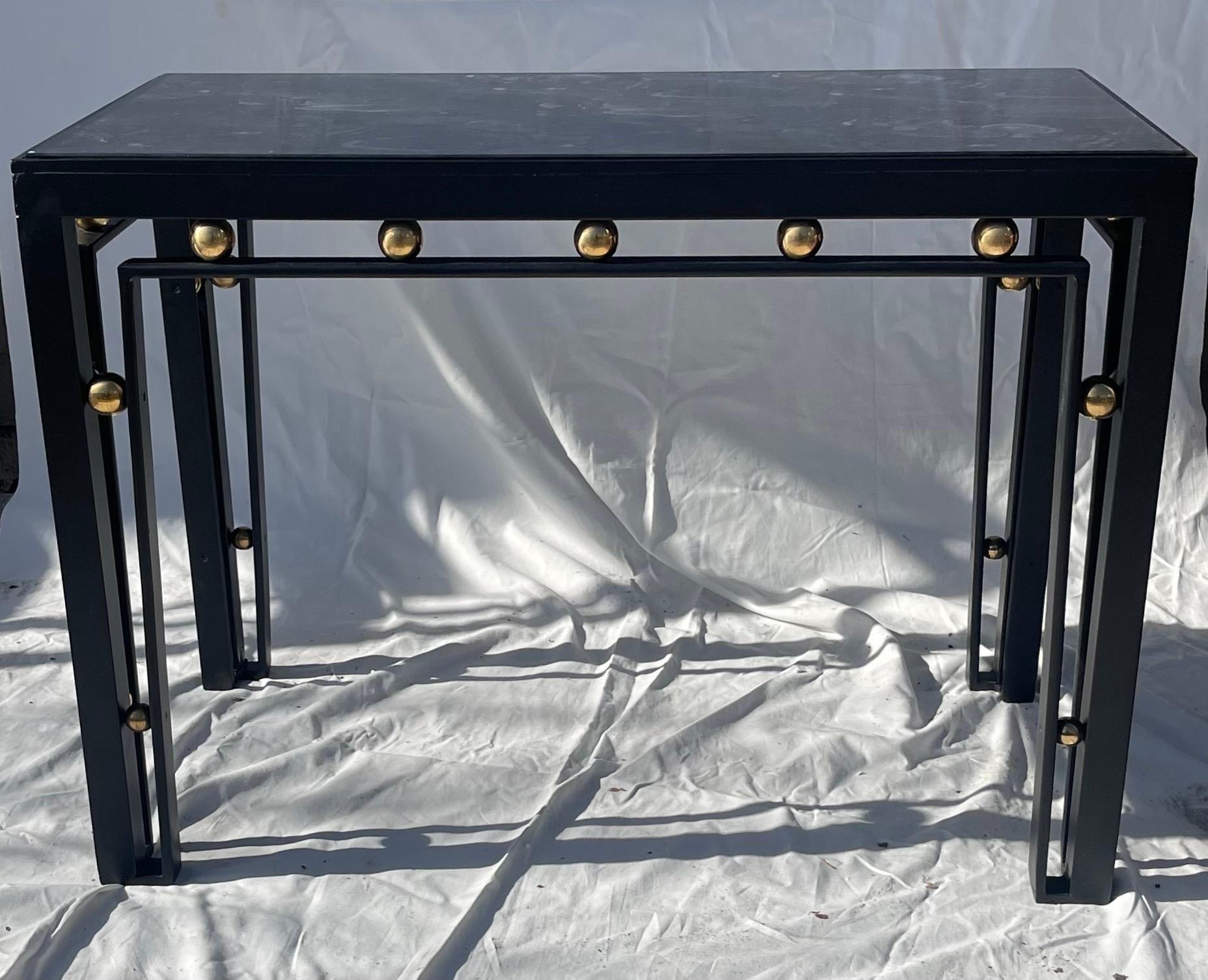 Wonderful Pair Side Tables Glass Top Black Enamel Brass Ball Manner Royère In Good Condition For Sale In Roslyn, NY