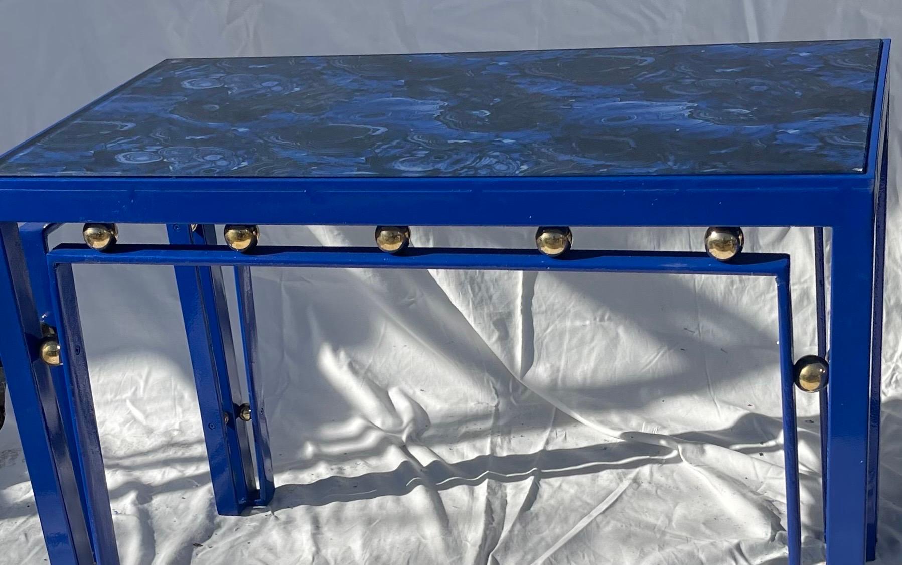 Wonderful Pair Side Tables Glass Top Blue Enamel Brass Ball Manner Royère In Good Condition For Sale In Roslyn, NY