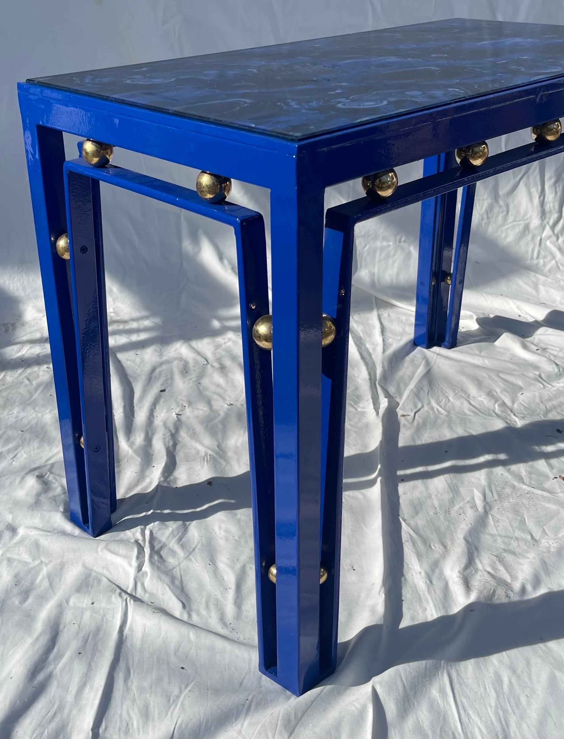 Wonderful Pair Side Tables Glass Top Blue Enamel Brass Ball Manner Royère For Sale 1