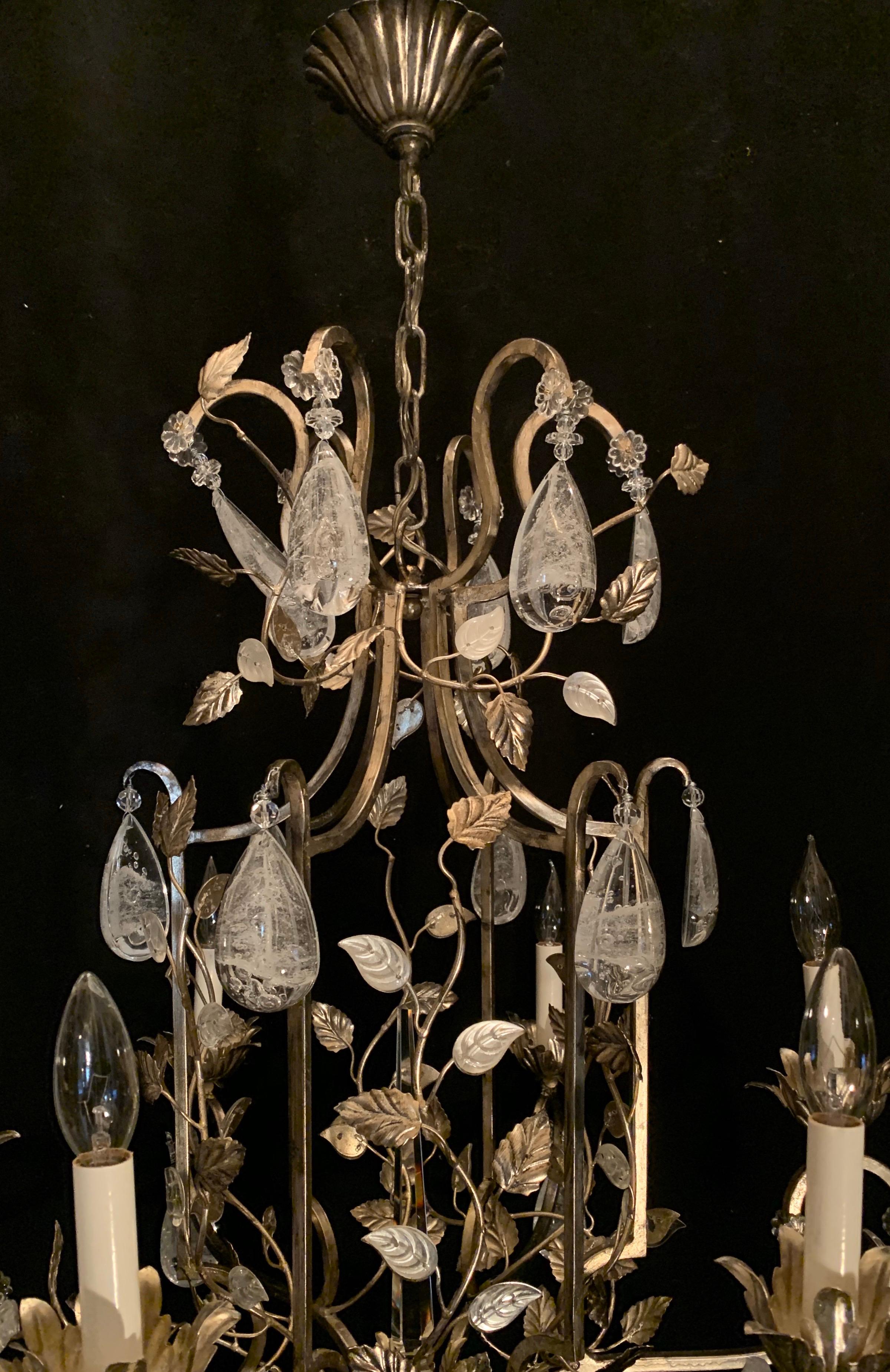 A wonderful pair of silver gilt Baguès style French Louis XVI faux rock crystal leaf and flower 6 candelabra light chandeliers, rewired and ready to install with chain canopy and all mounting hardware.