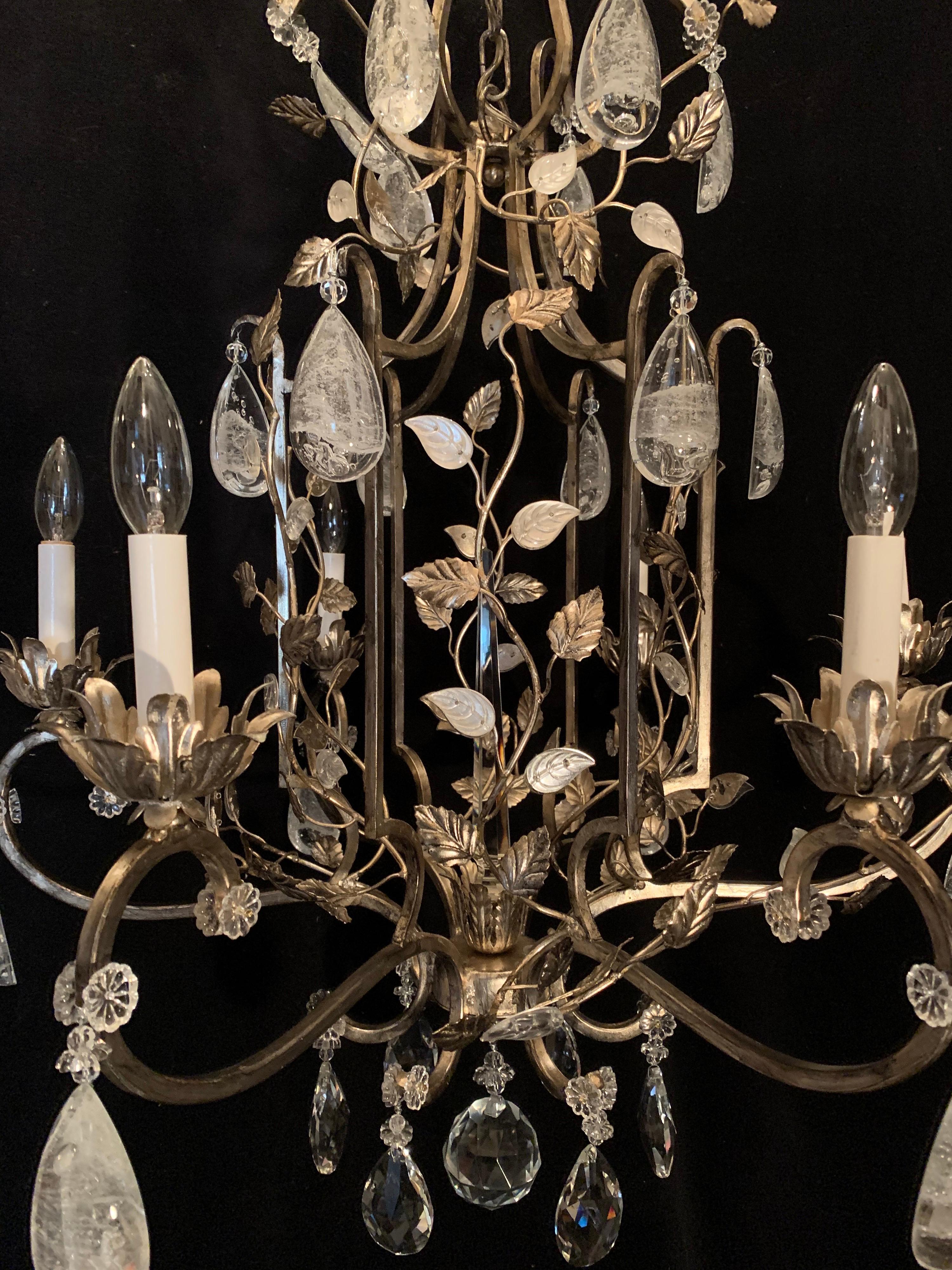 Mid-Century Modern Wonderful Pair Silver Gilt Baguès French Louis XVI Rock Crystal Leaf Chandeliers