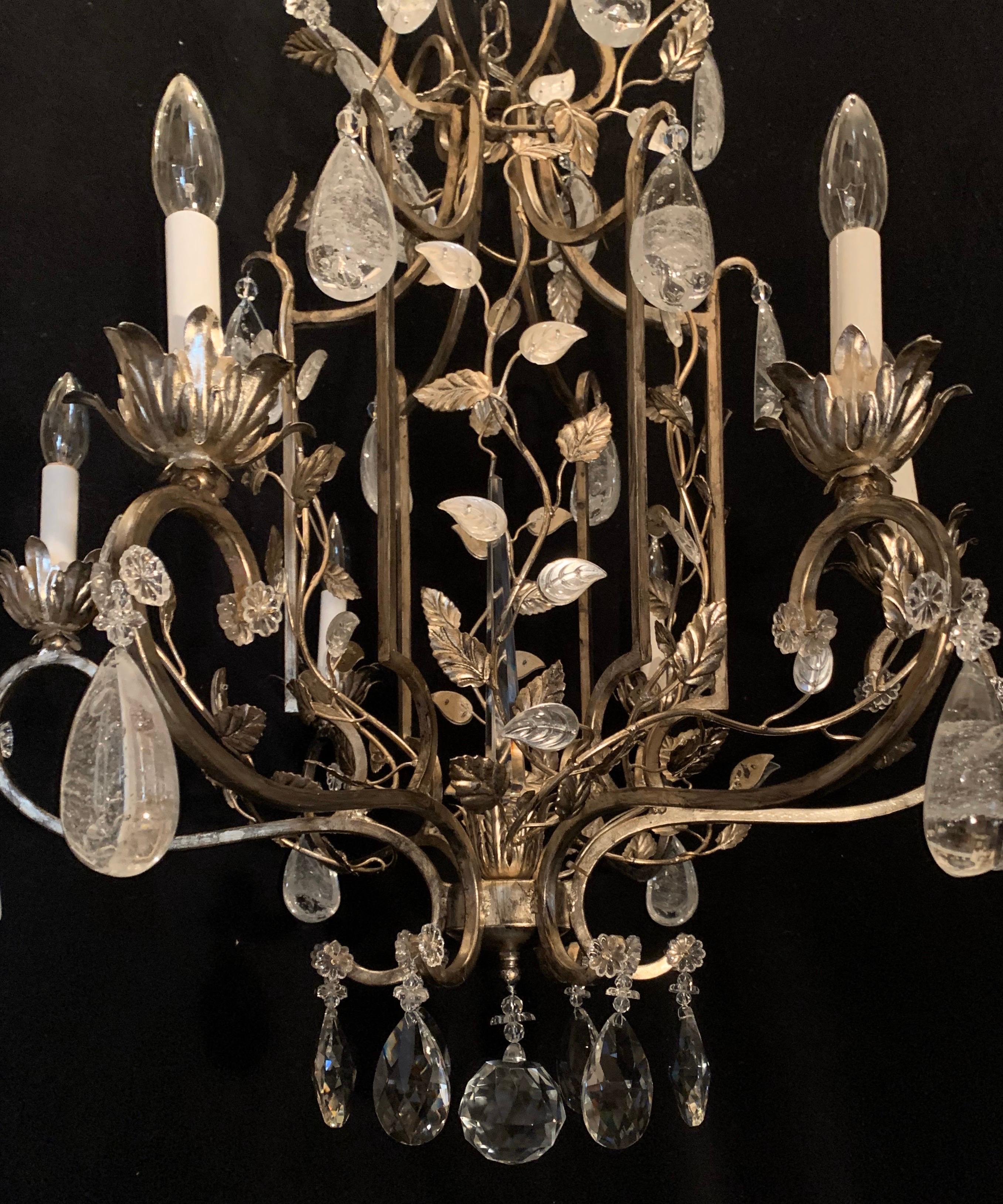 Wonderful Pair Silver Gilt Baguès French Louis XVI Rock Crystal Leaf Chandeliers In Good Condition In Roslyn, NY