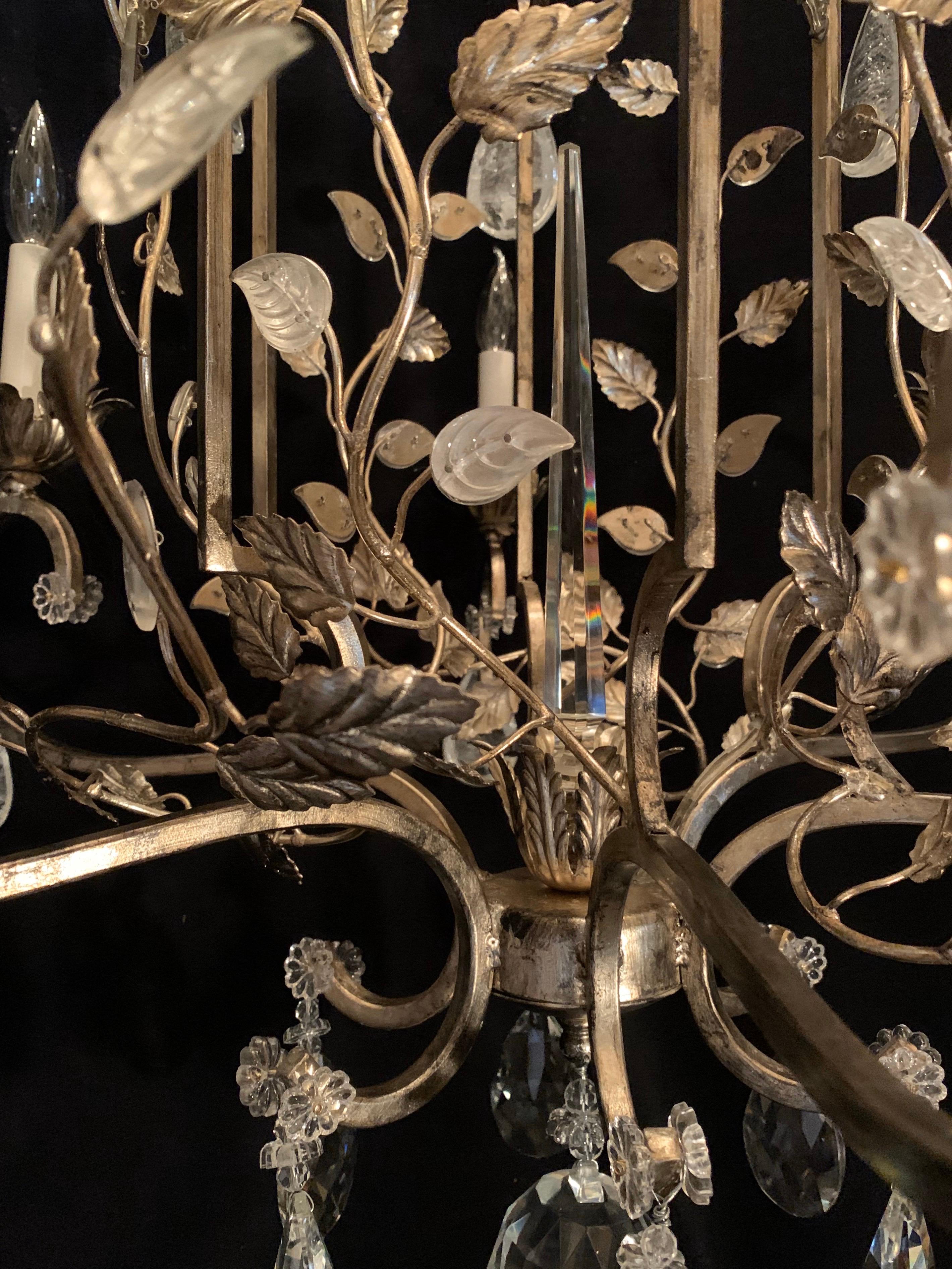 Wonderful Pair Silver Gilt Baguès French Louis XVI Rock Crystal Leaf Chandeliers 1