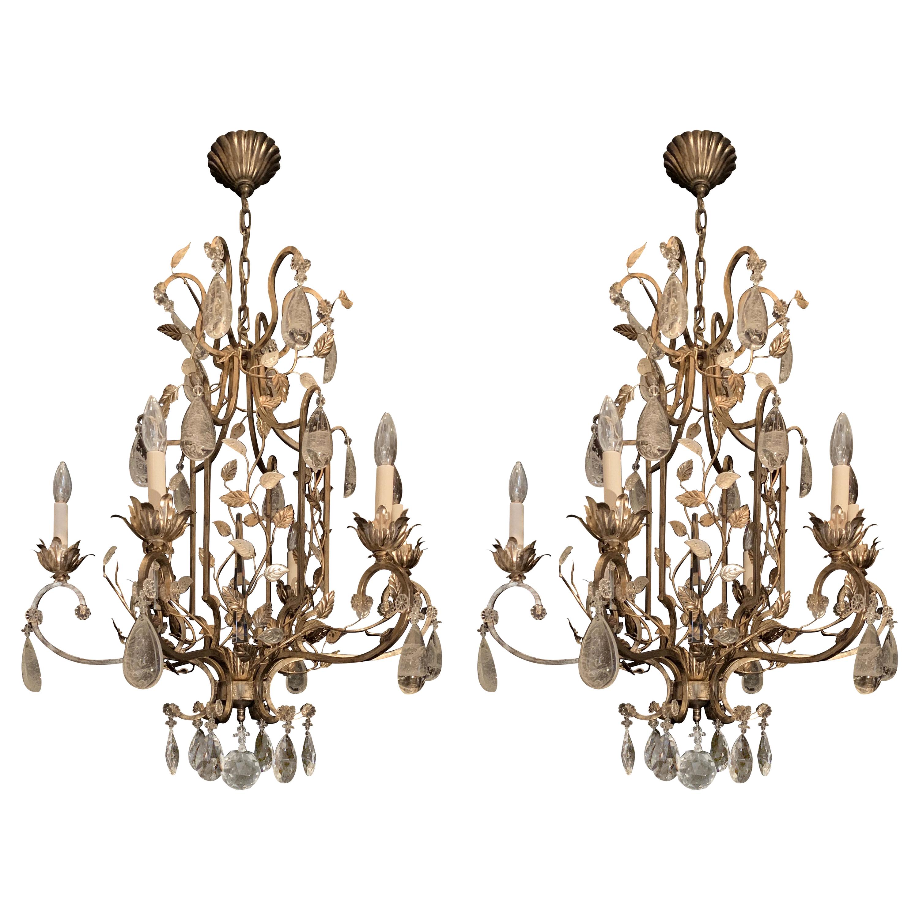 Wonderful Pair Silver Gilt Baguès French Louis XVI Rock Crystal Leaf Chandeliers