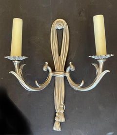 Wonderful Pair Silver Gilt Bronze Sherle Wagner Two-Light Ribbon Tassel Sconces