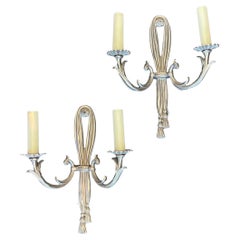 Wonderful Pair Silver Gilt Bronze Sherle Wagner Two-Light Ribbon Tassel Sconces