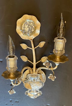 Wunderschönes Paar Silber vergoldet Kristall Blatt Bouquet Blume Maison Baguès Sconces