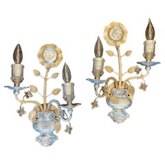 Wunderschönes Paar Silber vergoldet Kristall Blatt Bouquet Blume Maison Baguès Sconces