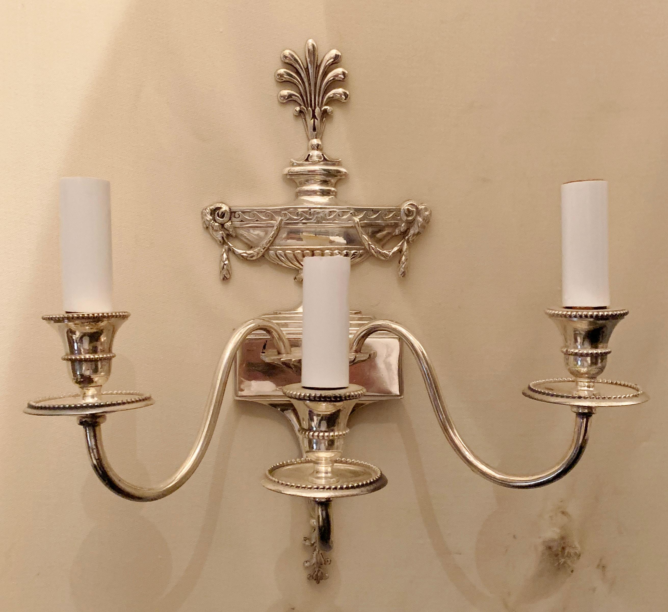 French Pair of Silvered Bronze Nickel Caldwell Baguès Neoclassical Urn Sconces For Sale