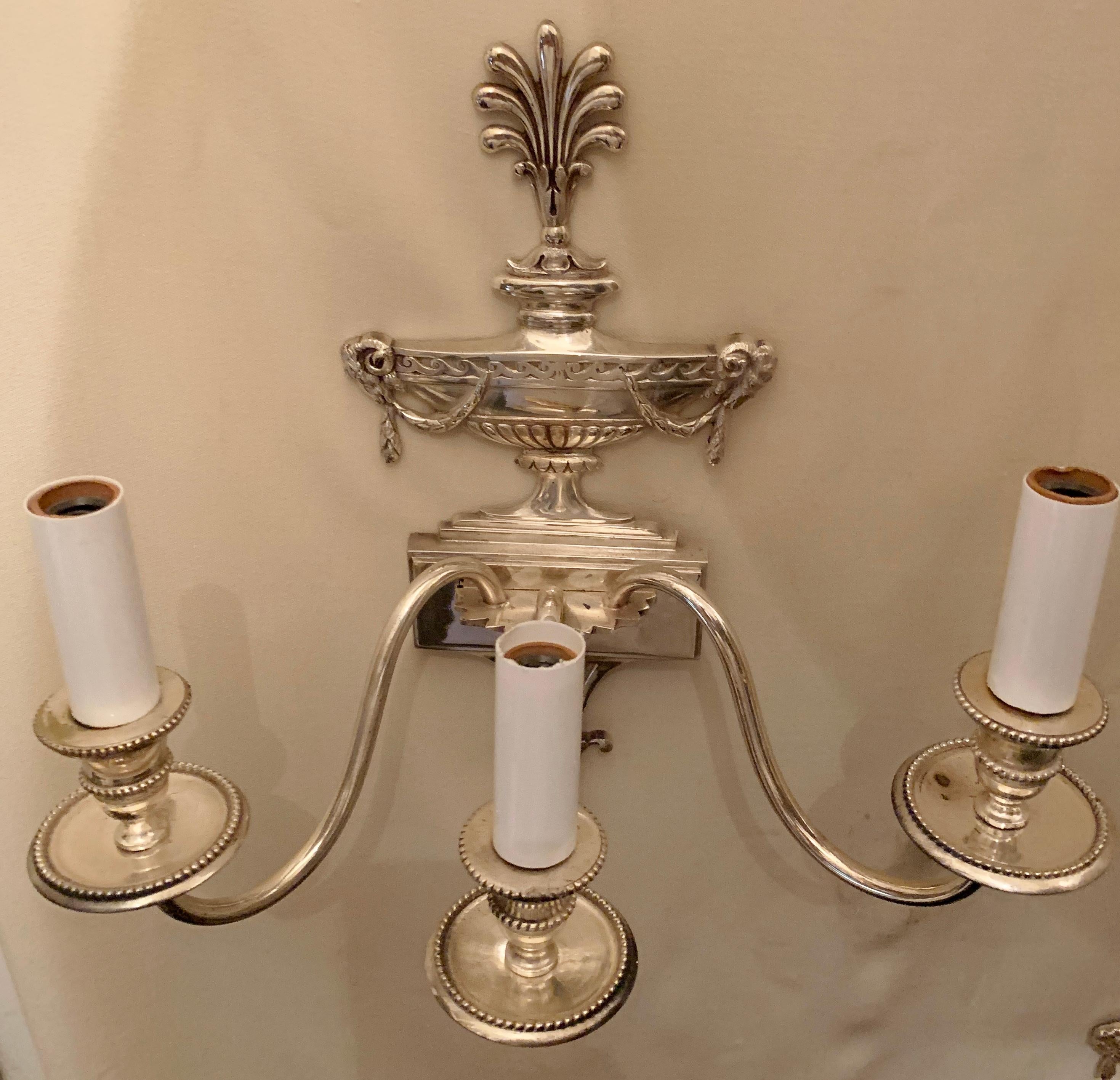 Pair of Silvered Bronze Nickel Caldwell Baguès Neoclassical Urn Sconces In Good Condition For Sale In Roslyn, NY