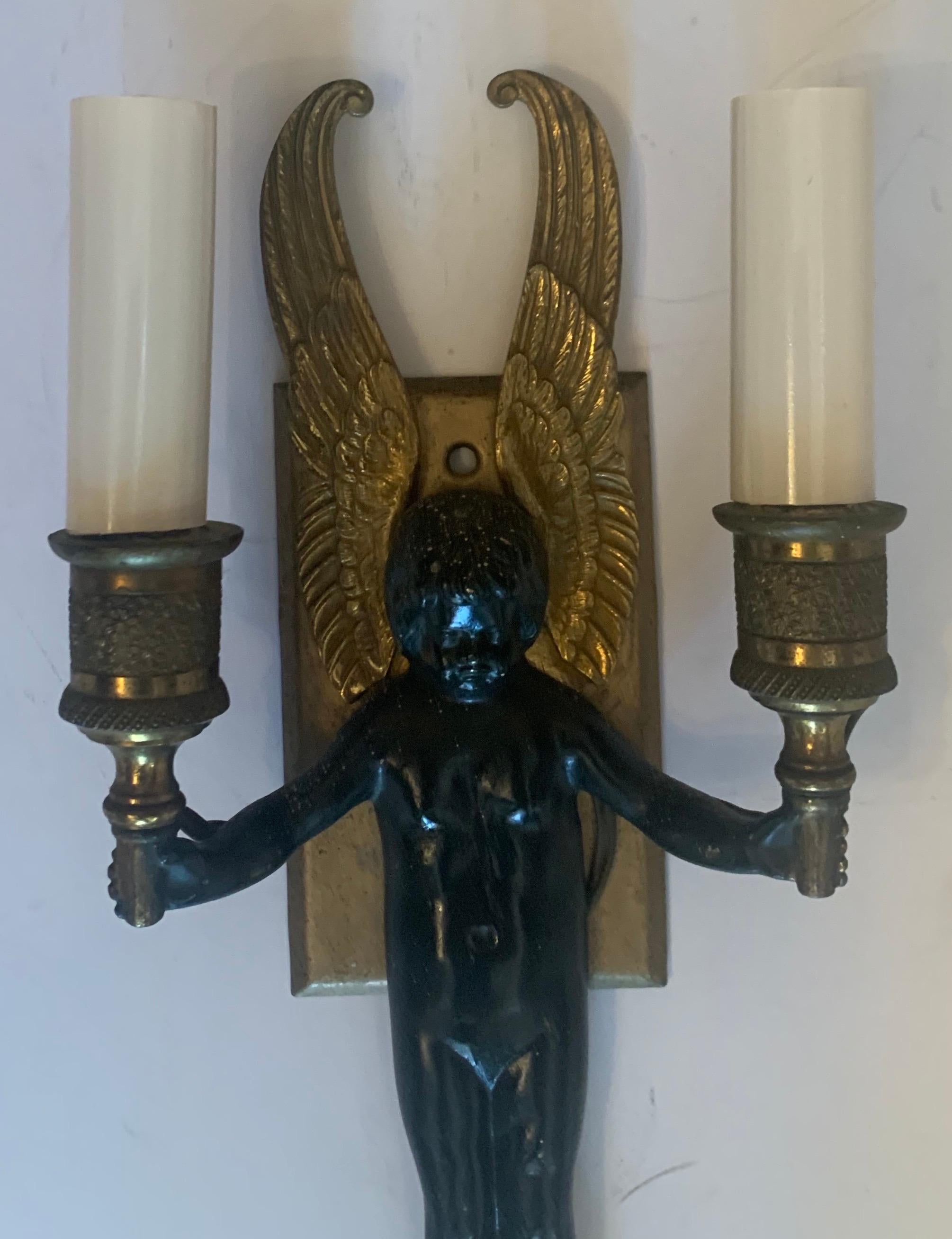 Wonderful Pair Three Patinated Two-Tone Bronze Gilt Winged Cherub Empire Sconces In Good Condition In Roslyn, NY