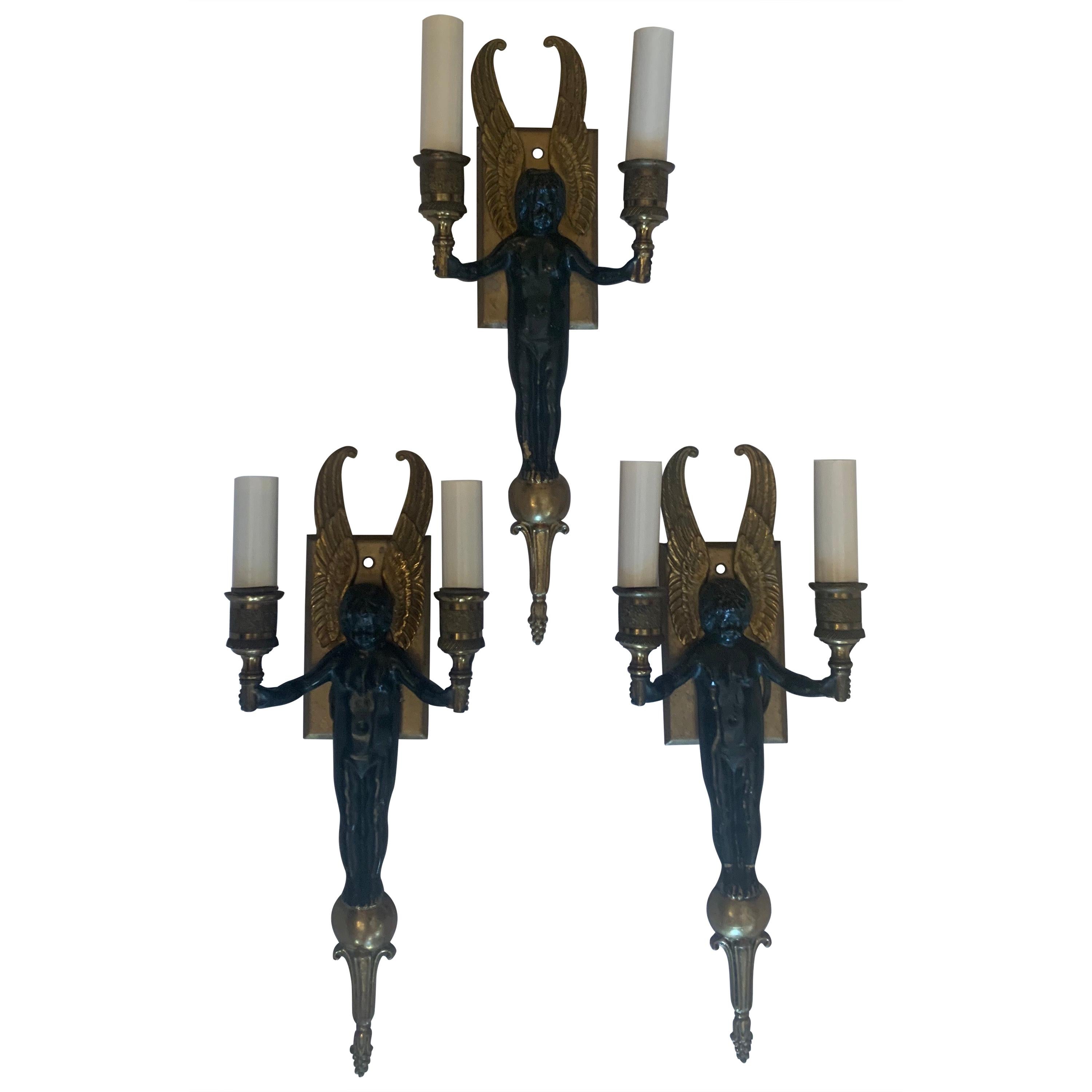 Wonderful Pair Three Patinated Two-Tone Bronze Gilt Winged Cherub Empire Sconces