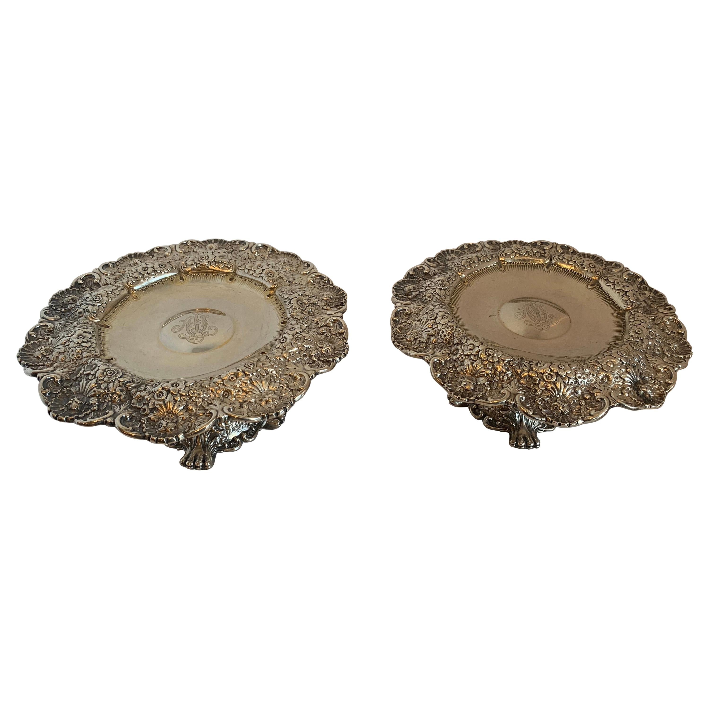 Pareja de compoteras con pie de pata de flor de primavera Tiffany de plata de ley