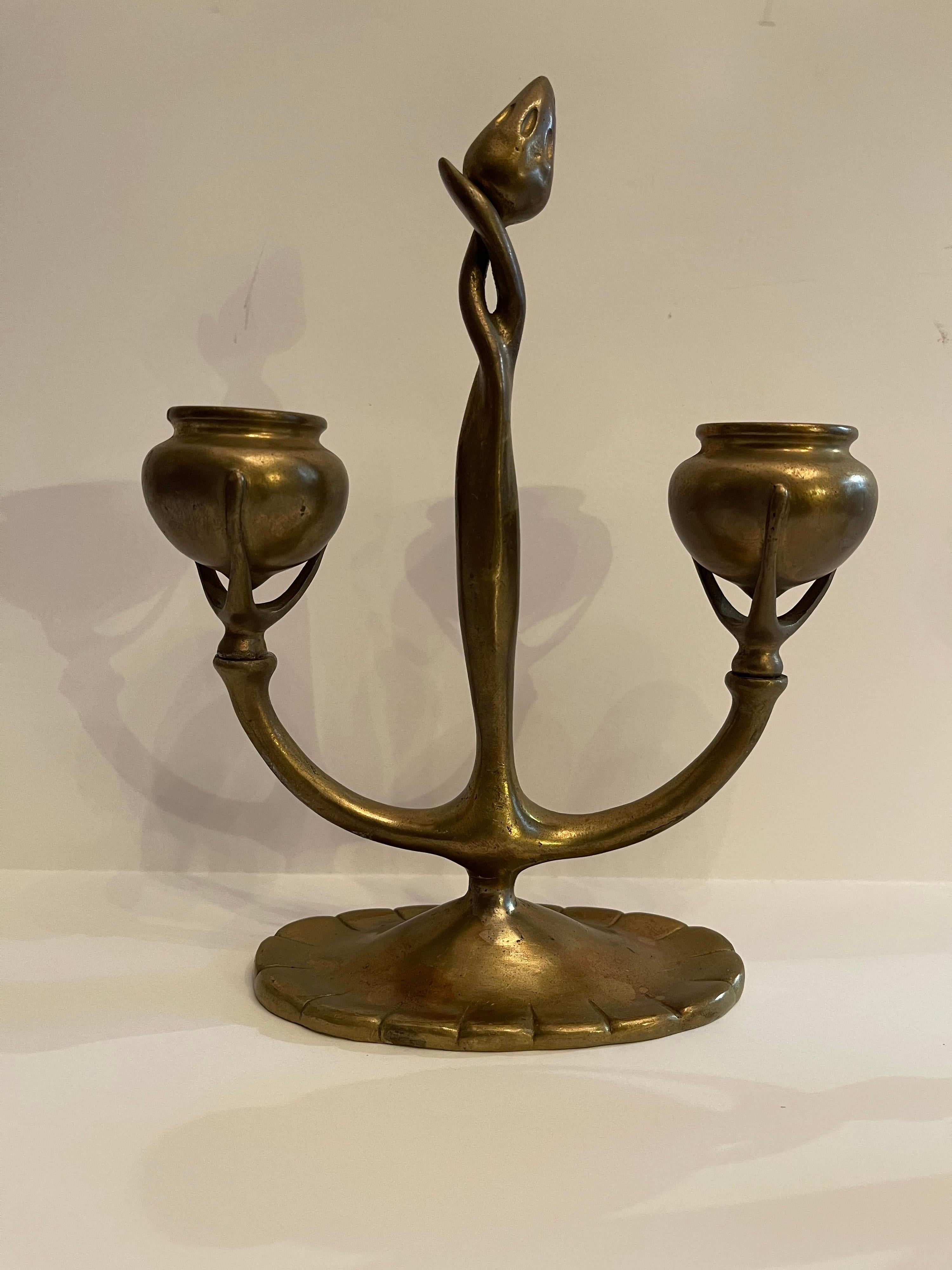 Wonderful Pair of Tiffany Studios Dore Bronze Art Nouveau Two Arm Candelabras In Good Condition For Sale In Roslyn, NY