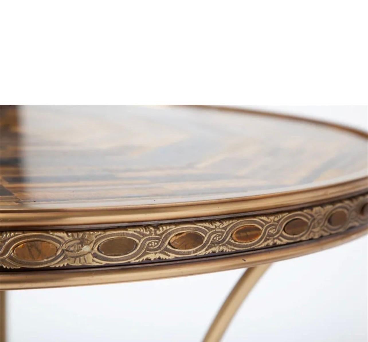 Wonderful Pair Tiger-Eye Semi-Precious Stone Ormolu Bronze Round Gueridon Tables In Good Condition For Sale In Roslyn, NY