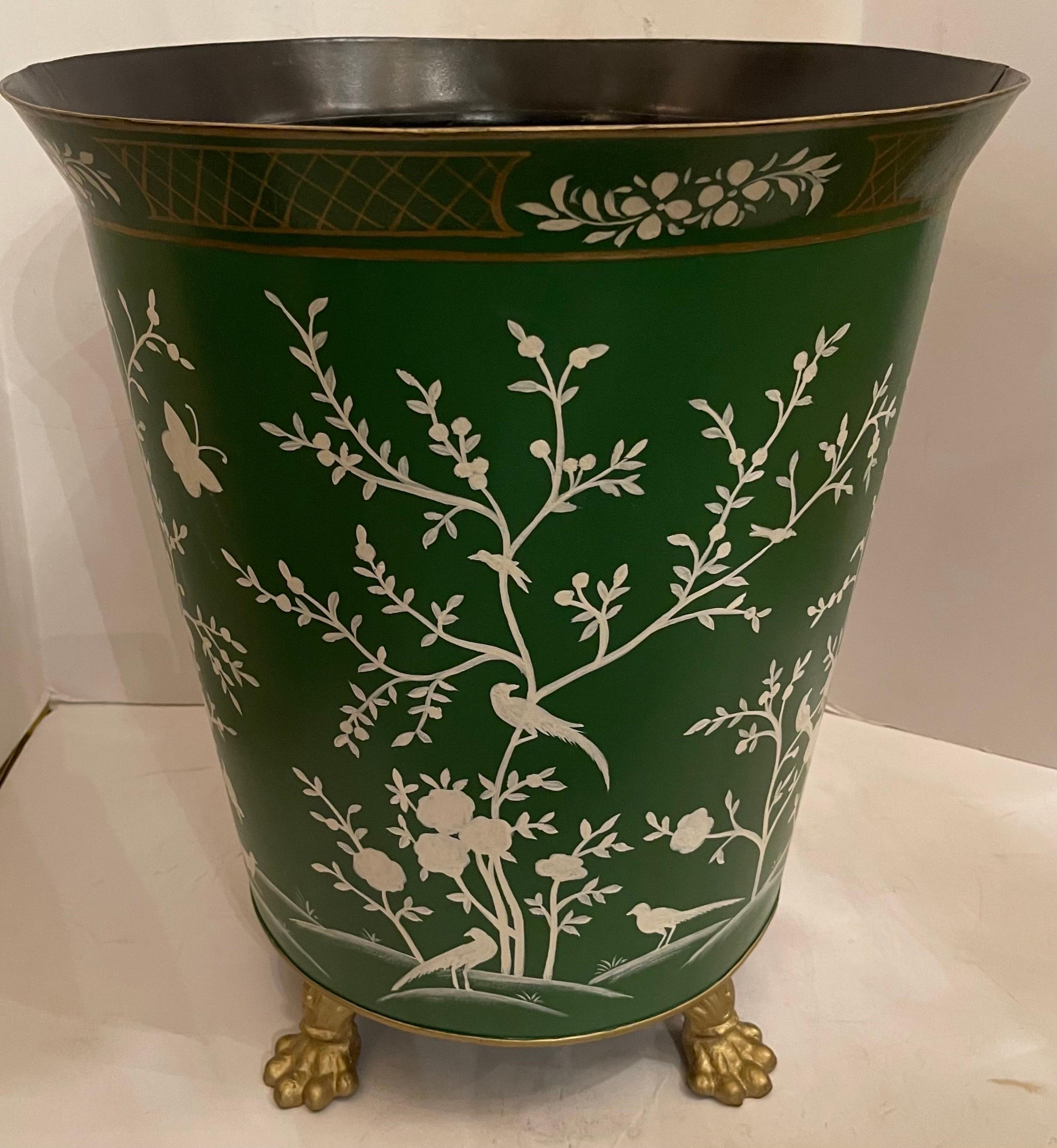 A Wonderful Pair Tole Hand Painted Chinoiserie Moss Green And White Large Planters Raised On Gold Gilt Paw Feet.