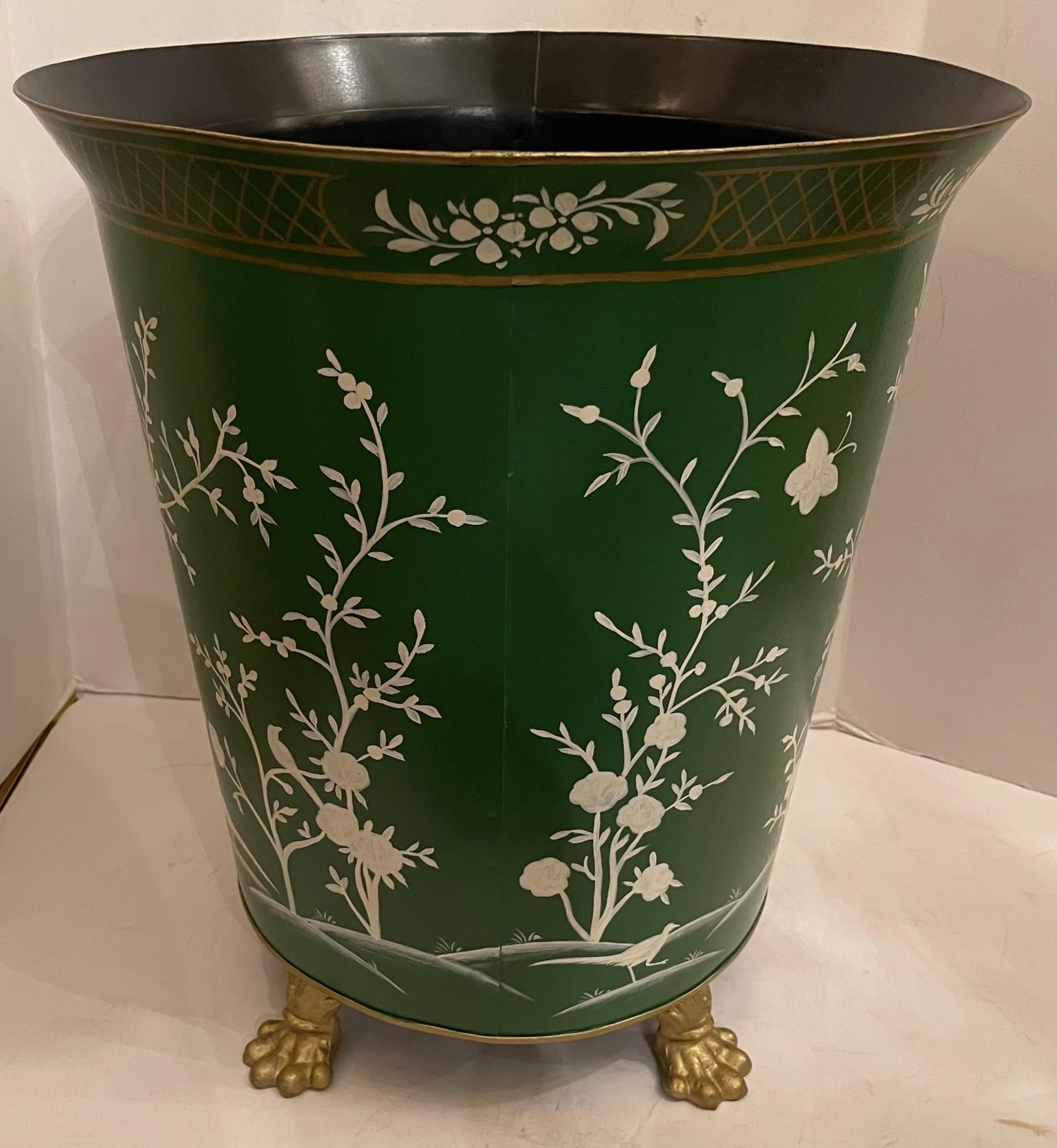 Italian Wonderful Pair Tole Hand Painted Chinoiserie Green Large Planters Paw Feet For Sale
