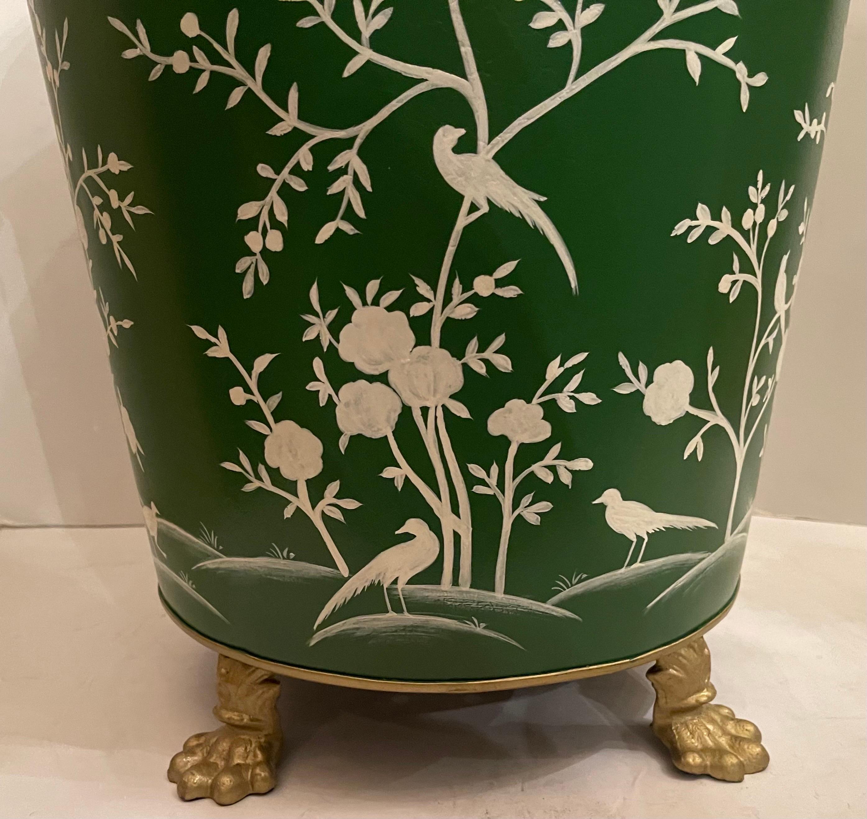 Hand-Painted Wonderful Pair Tole Hand Painted Chinoiserie Green Large Planters Paw Feet For Sale