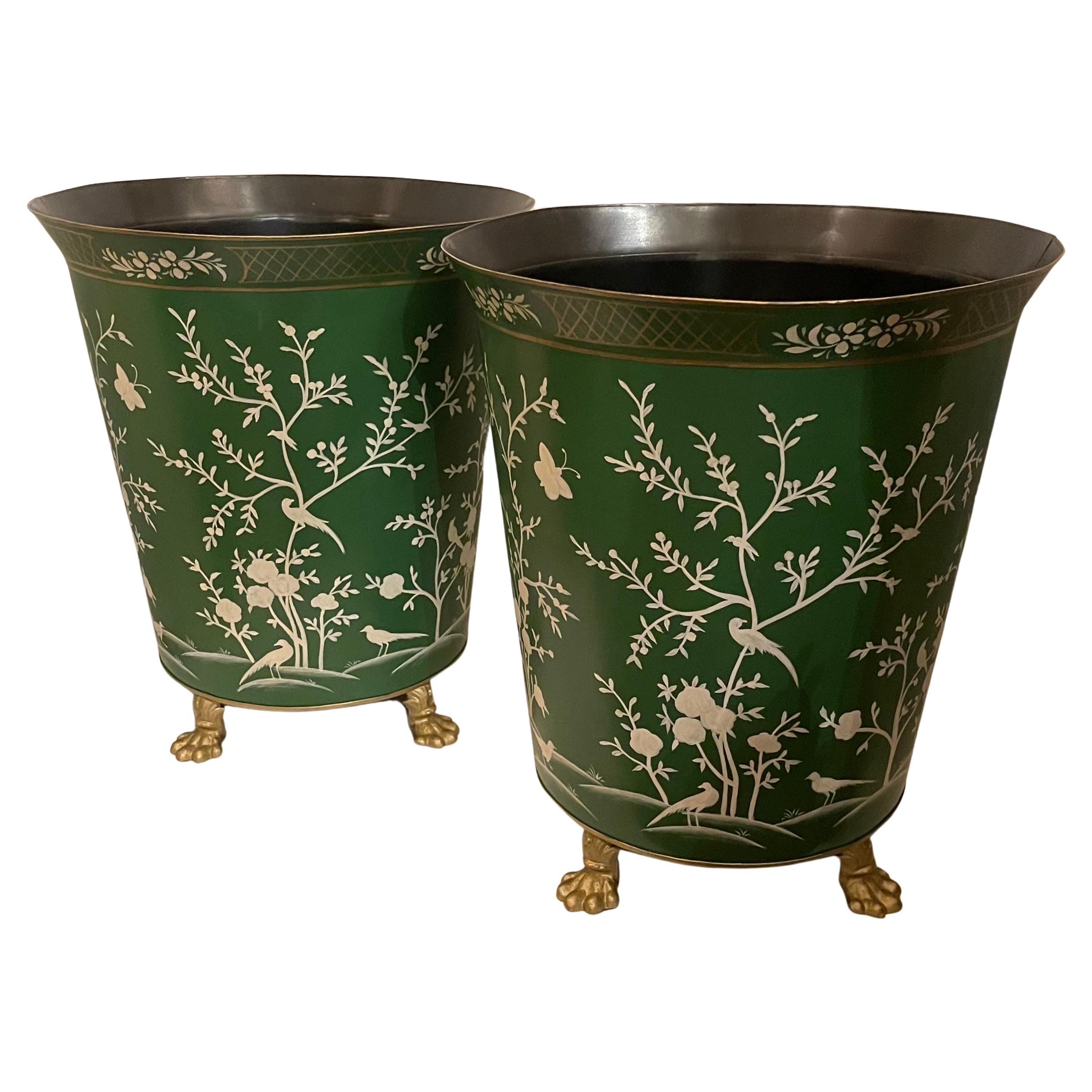 Wonderful Pair Tole Hand Painted Chinoiserie Green Large Planters Paw Feet For Sale