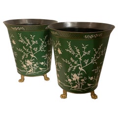 Vintage Wonderful Pair Tole Hand Painted Chinoiserie Green Large Planters Paw Feet