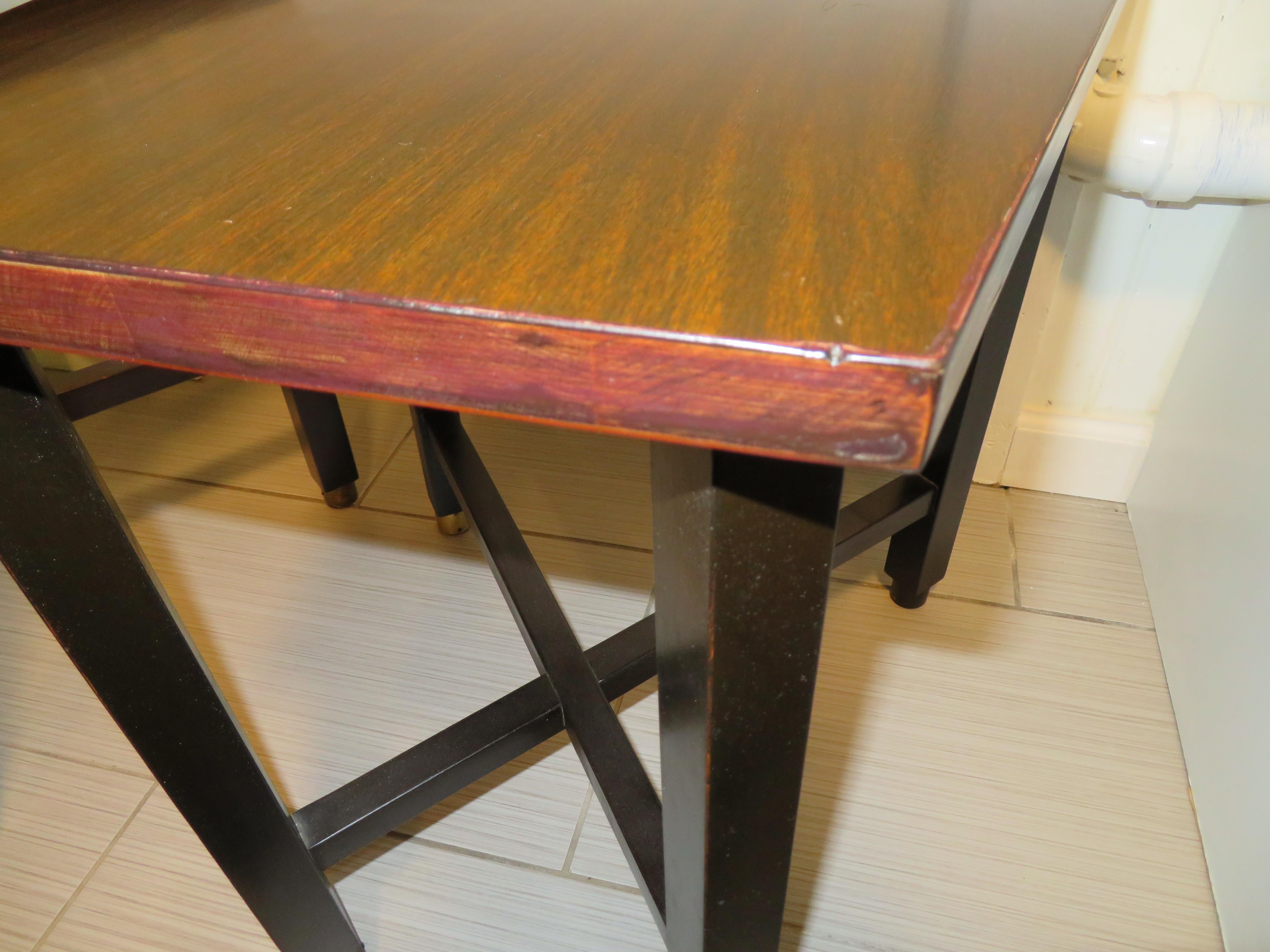 Wonderful Pair of Trapezoidal Walnut Side Table with Brass Sabots by Dunbar For Sale 7