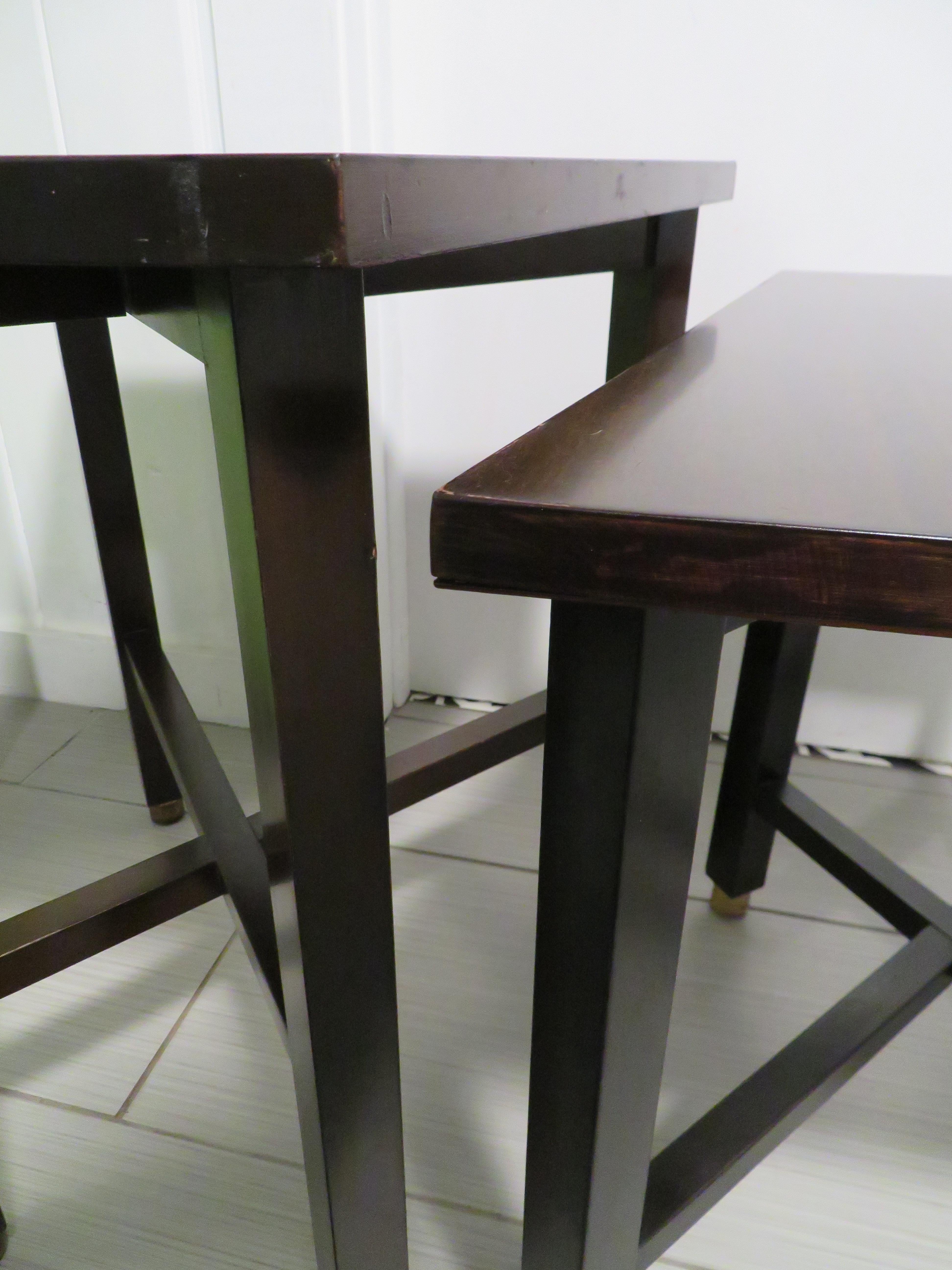 Wonderful Pair of Trapezoidal Walnut Side Table with Brass Sabots by Dunbar For Sale 8